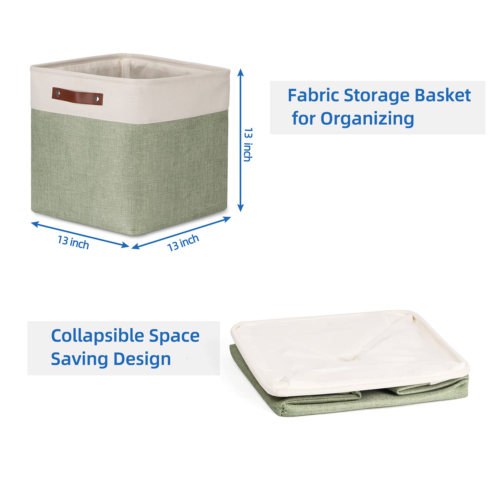 Temary 4-Pack Fabric Storage Baskets with Leather Handles - 13 Inch Cube Organizer Bins for Shelves, Closet, Nursery & Home Organization (White & Green) - Perfect for Storing Clothes, Toys, Blankets & Home Essentials
