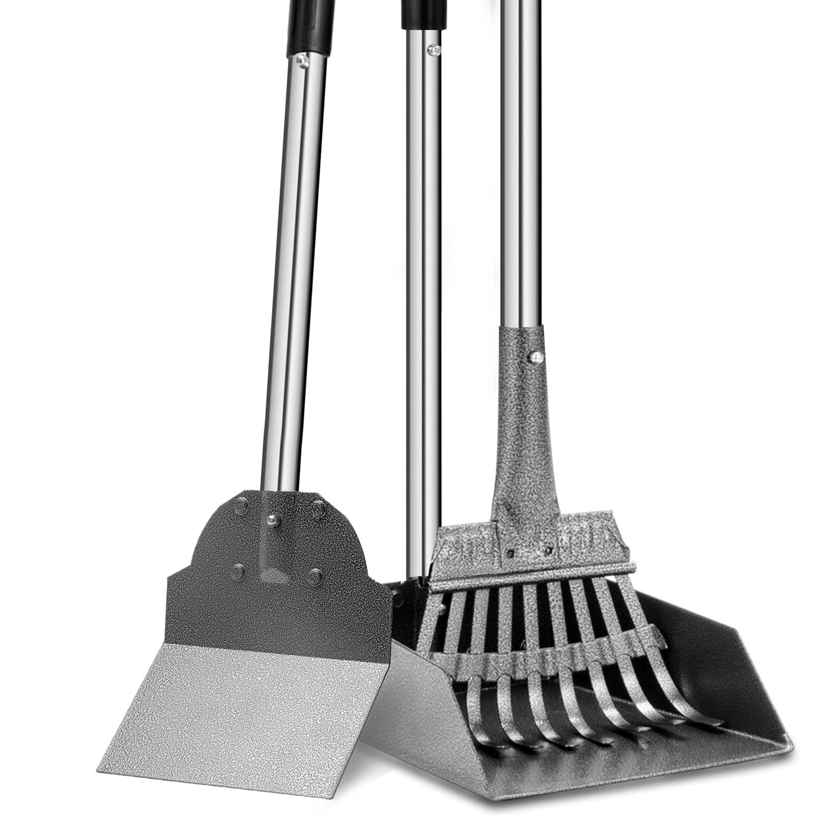 Adjustable Long Handle Dog Poop Scooper Set - 3-Pack Metal Tray Rake & Spade with Waste Bin for Easy Pet Cleanup | No Bending Required for Large & Small Dogs | Perfect for Backyards, Parks & Dog Walks