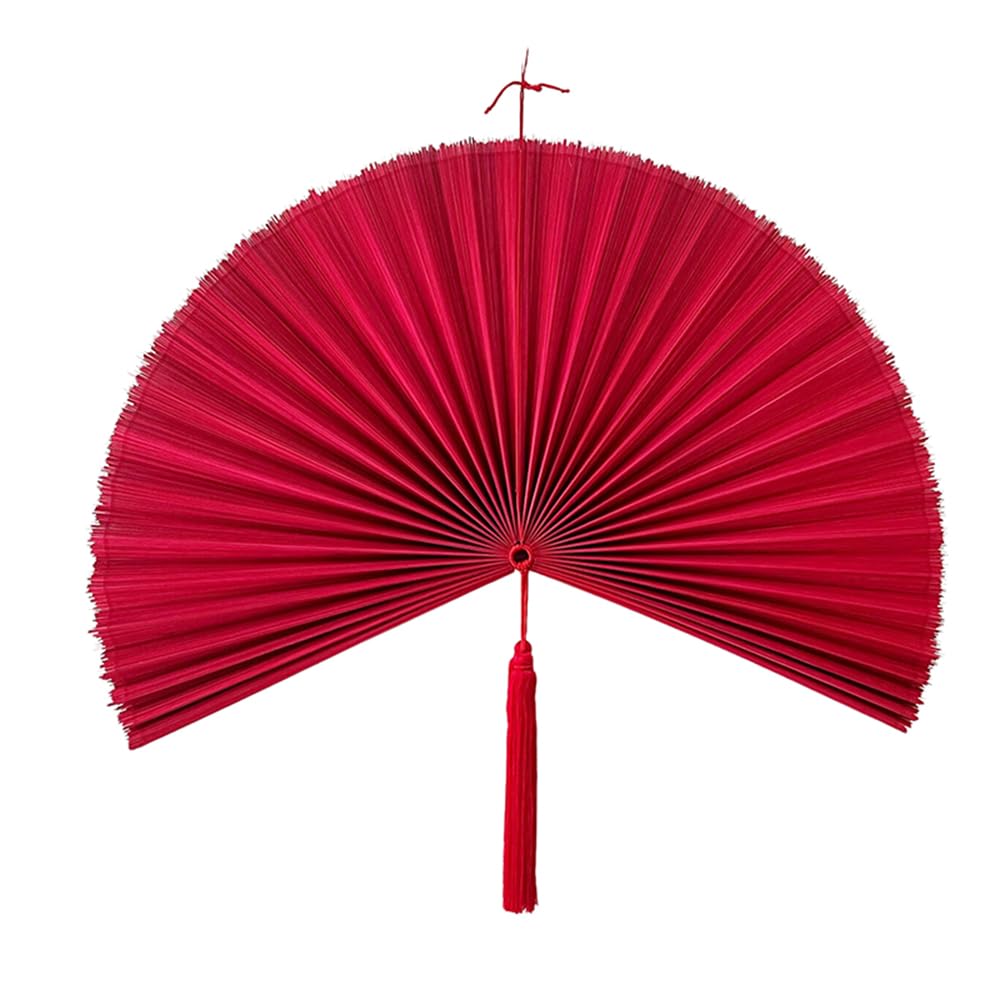 Large 60in Handmade Bamboo Wall Fan - Foldable Boho Decor for Bedroom, Over Bed Headboard & Living Room - Red Decorative Wall Fan for Home & Office Interior Design
