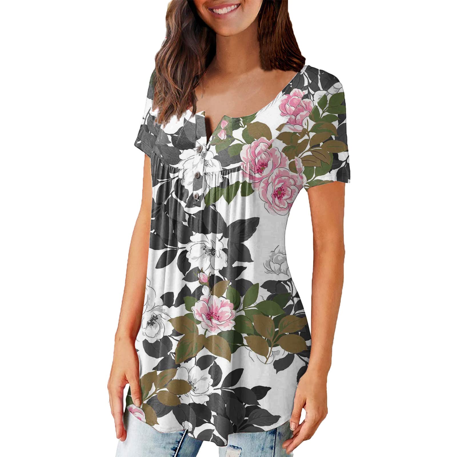 JPGIF Women's Plus Size Casual Ruched Tunic Tops - Short Sleeve Button Up Blouses for Leggings | Perfect for Work, Office & Everyday Wear