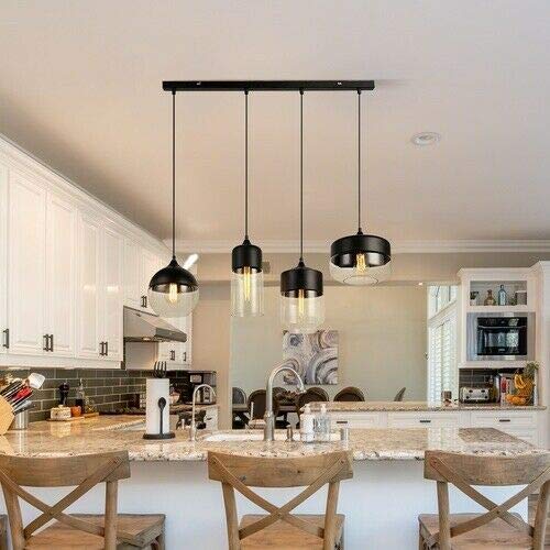 Modern Industrial Glass Pendant Light Fixture - Adjustable 4-Light Black & Clear Hanging Chandelier with E26 Base - Nordic Loft Style Lighting for Kitchen Island, Dining Room, Restaurant, Bedroom & Living Room Decor