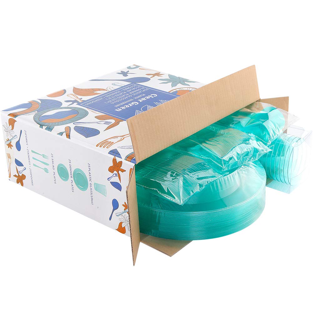 25-Piece Disposable Green Plastic Dinnerware Set - 25 Dinner Plates, 25 Salad Plates, 25 Forks, 25 Knives, 25 Spoons & 25 Clear Green Cups - Eco-Friendly Party Tableware for Easter, Birthday, Picnic & Outdoor Events