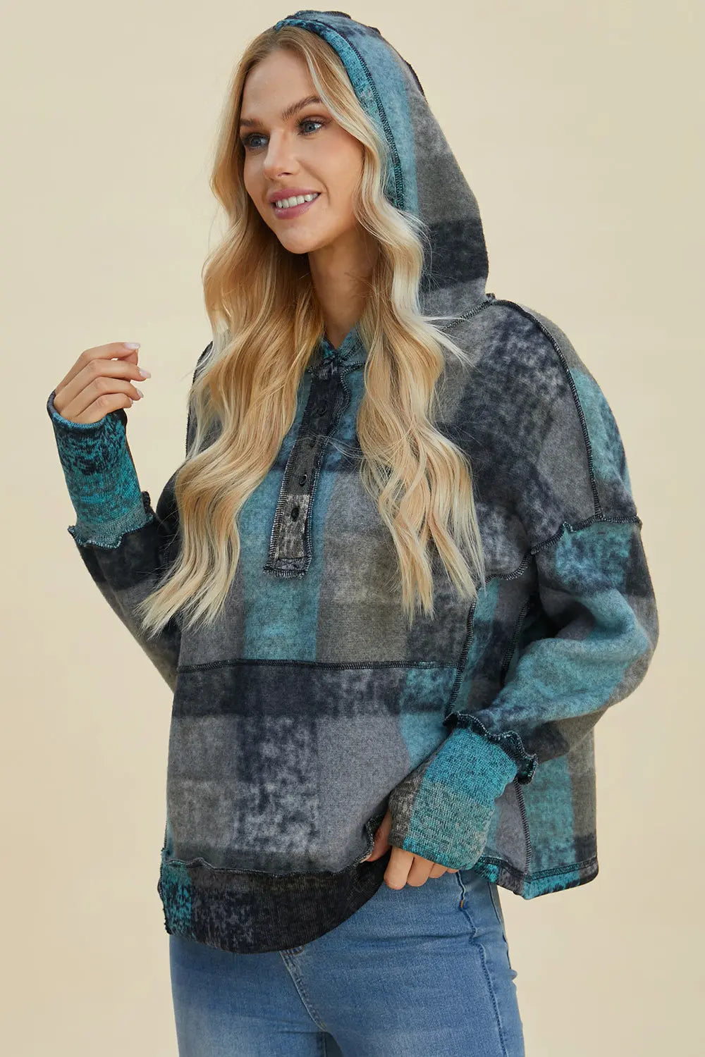 Double Take Full Size Plaid Dropped Shoulder Hoodie - Cozy Oversized Sweatshirt for Men & Women - Perfect for Casual Wear, Loungewear, and Outdoor Activities