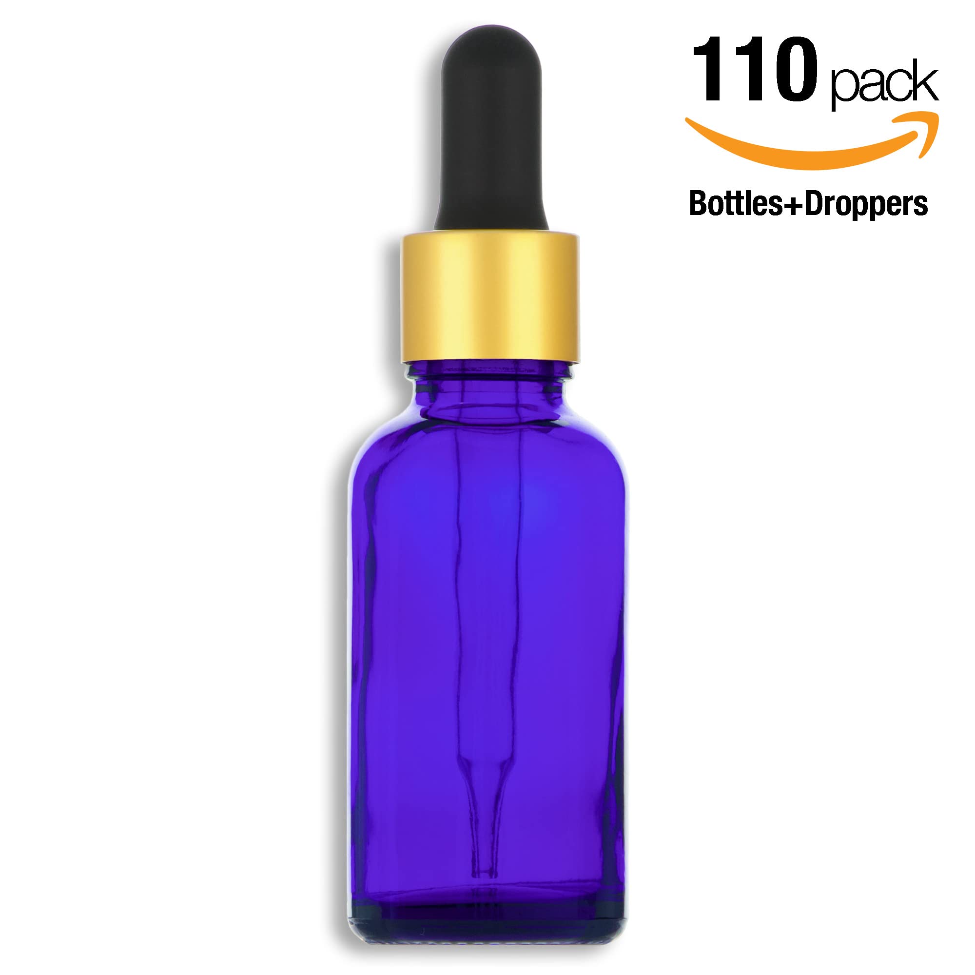 30mL (1oz) Glass Dropper Bottles with Gold Leak-Free Droppers - 110 Pack (Blue) | Essential Oil Storage, DIY Beauty Products, Herbal Tinctures & Travel-Sized Liquids