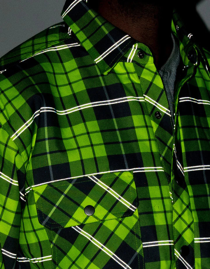 FORCEFIELD Hi-Vis Plaid Quilted Flannel Shirt Jacket with Reflective Striping - Safety Workwear for Construction, Outdoor & Night Activities - 024 LC53QF HVRS