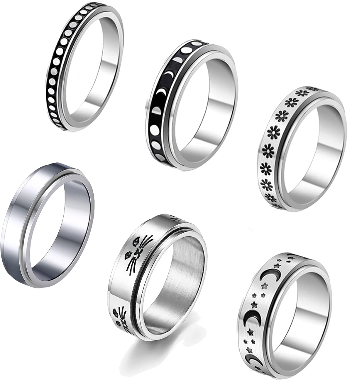 MOZAKA 6Pcs Stainless Steel Spinner Rings - Moon and Star Design Fidget Rings for Stress Relief, Anxiety & Meditation - Wedding Promise Bands for Women & Men (Sizes 6-10) - Perfect for Office, Travel & Daily Relaxation
