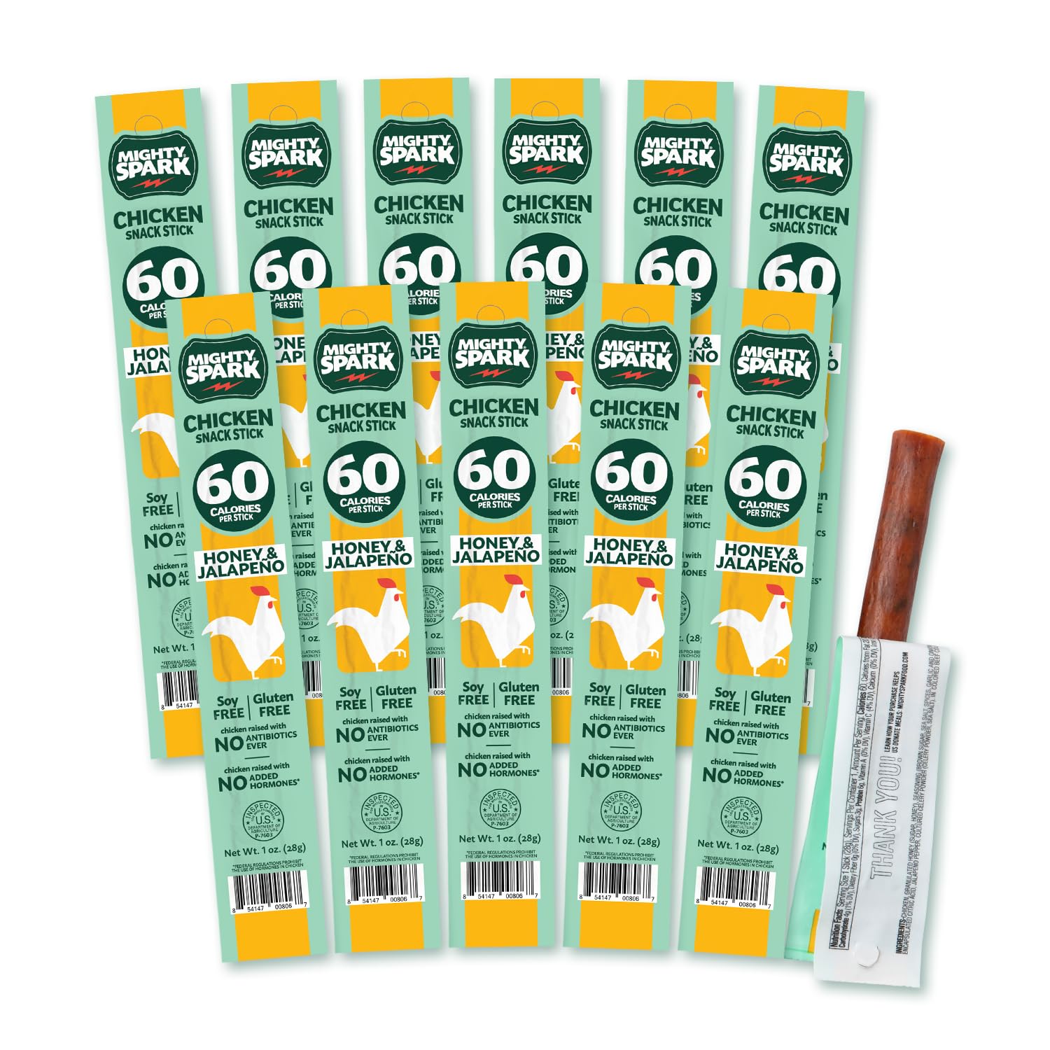 Mighty Spark Honey Jalapeno Chicken Snack Sticks - High Protein (6g), No Antibiotics, Hormones, Gluten & Soy - Keto Friendly, Weight Watchers Approved Meat Snacks - 12 Pack - Perfect for On-the-Go, Office & Outdoor Adventures