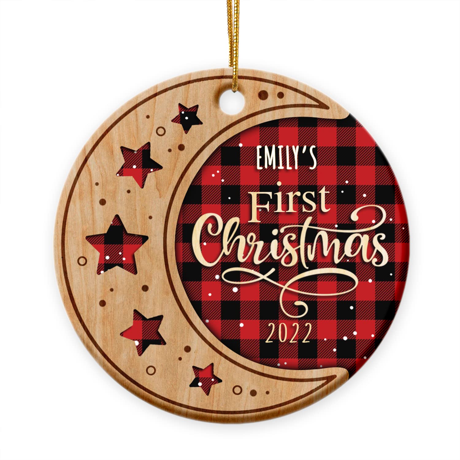 Personalized Baby's First Christmas Ornament 2022 - Custom Name Buffalo Plaid Ceramic Keepsake for Newborn Boys & Girls - Perfect New Mom Gift & Rustic Nursery Decor for Holiday Tree, Baby Shower or Postpartum Present