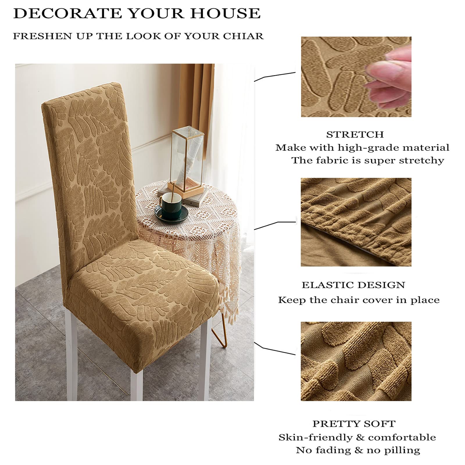 Stretch Jacquard Dining Chair Covers - Washable Knitted Fleece Slipcovers for High Chairs (Light Coffee, Set of 6) | Home, Office & Restaurant Seat Protectors