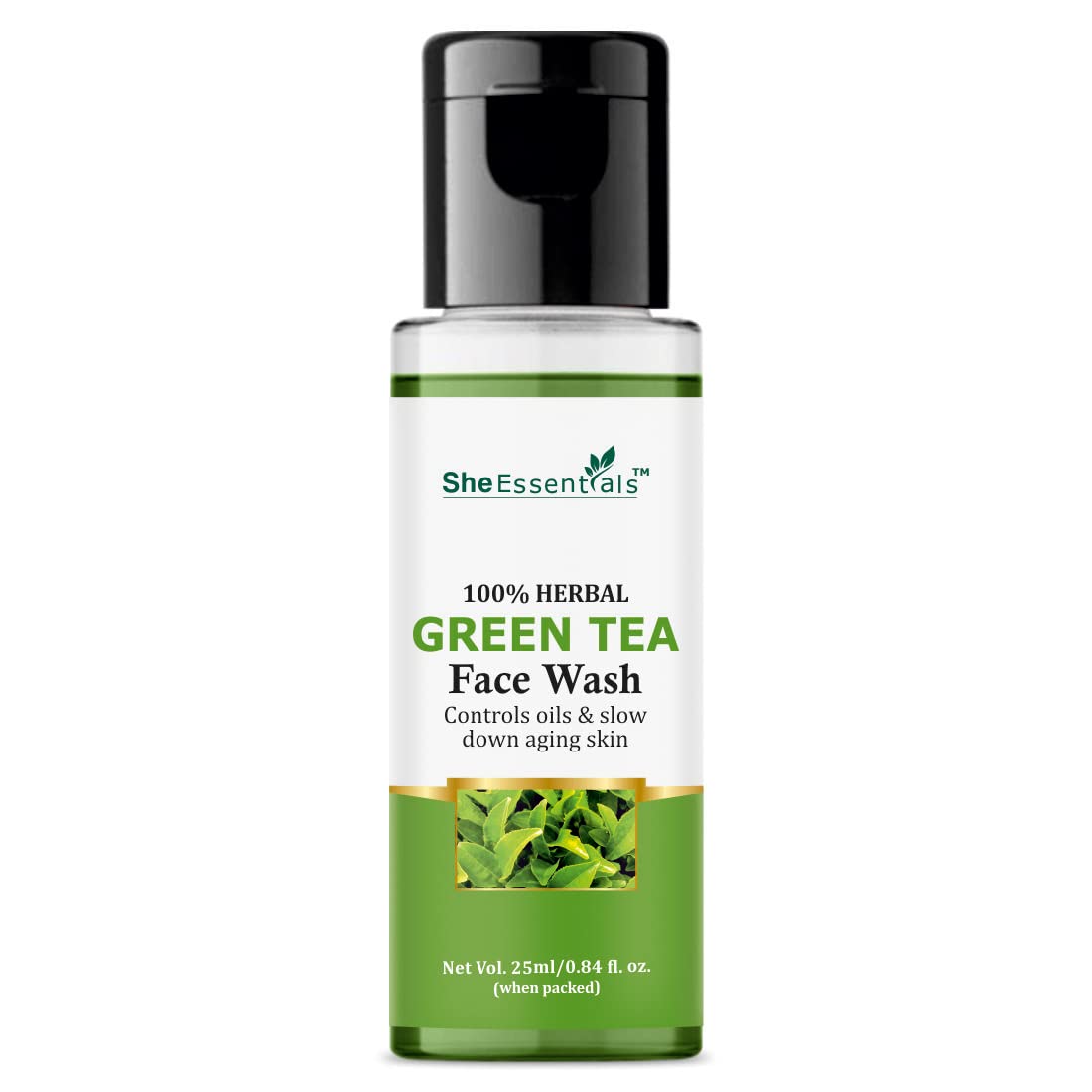 She Essentials 100% Natural Green Tea Face Wash for Acne & Oily Skin - 25ml | SLS & Paraben Free Cleanser | Gentle Daily Facial Cleansing for Men & Women | Perfect for Travel & Gym Bag