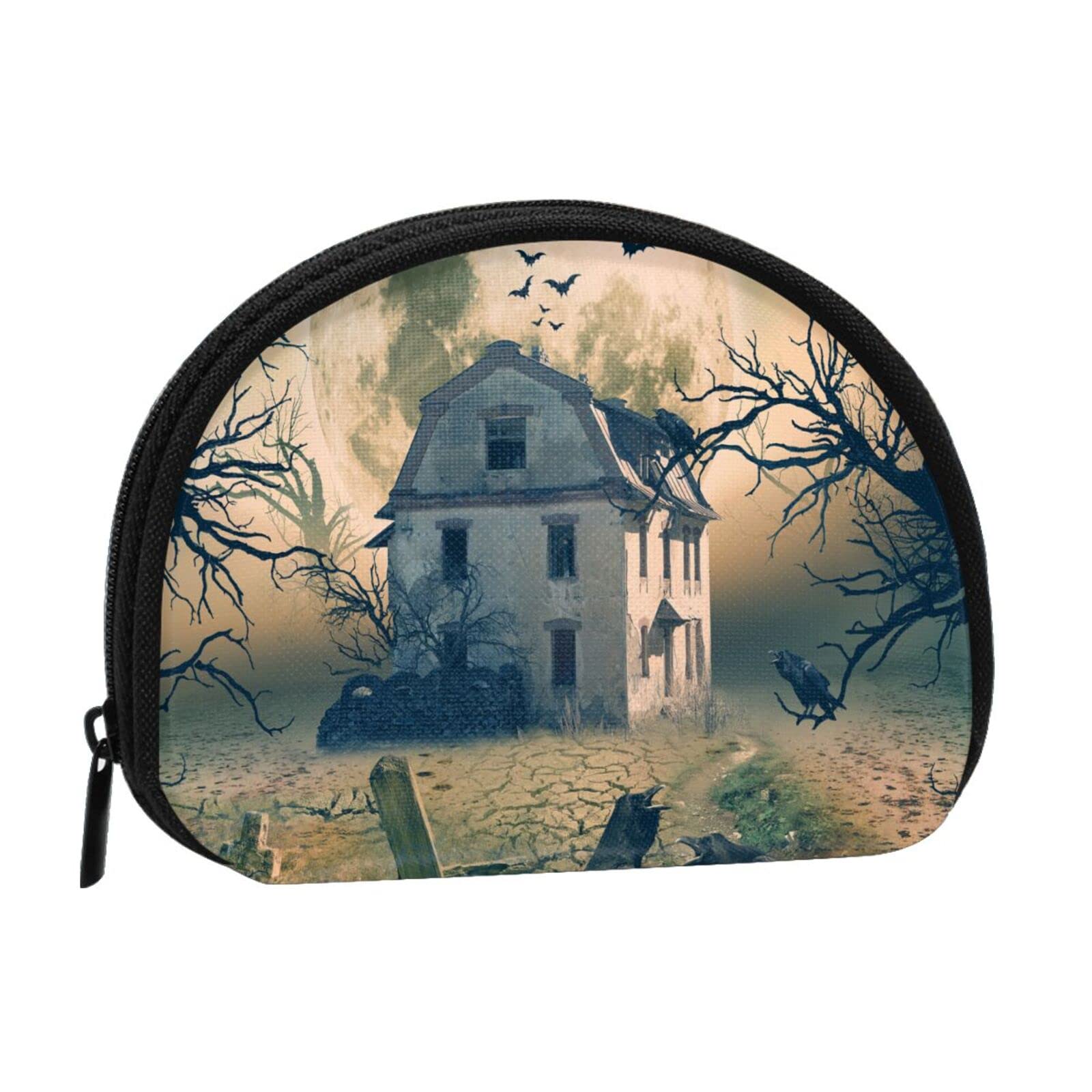 Gothic Haunted House Crow Horror Design Small Coin Purse for Women - 4.7x3.5 Inch Dark Gothic Wallet, Key Holder & Gift Storage Bag - Perfect for Halloween, Cosplay & Gothic Fashion Accessories