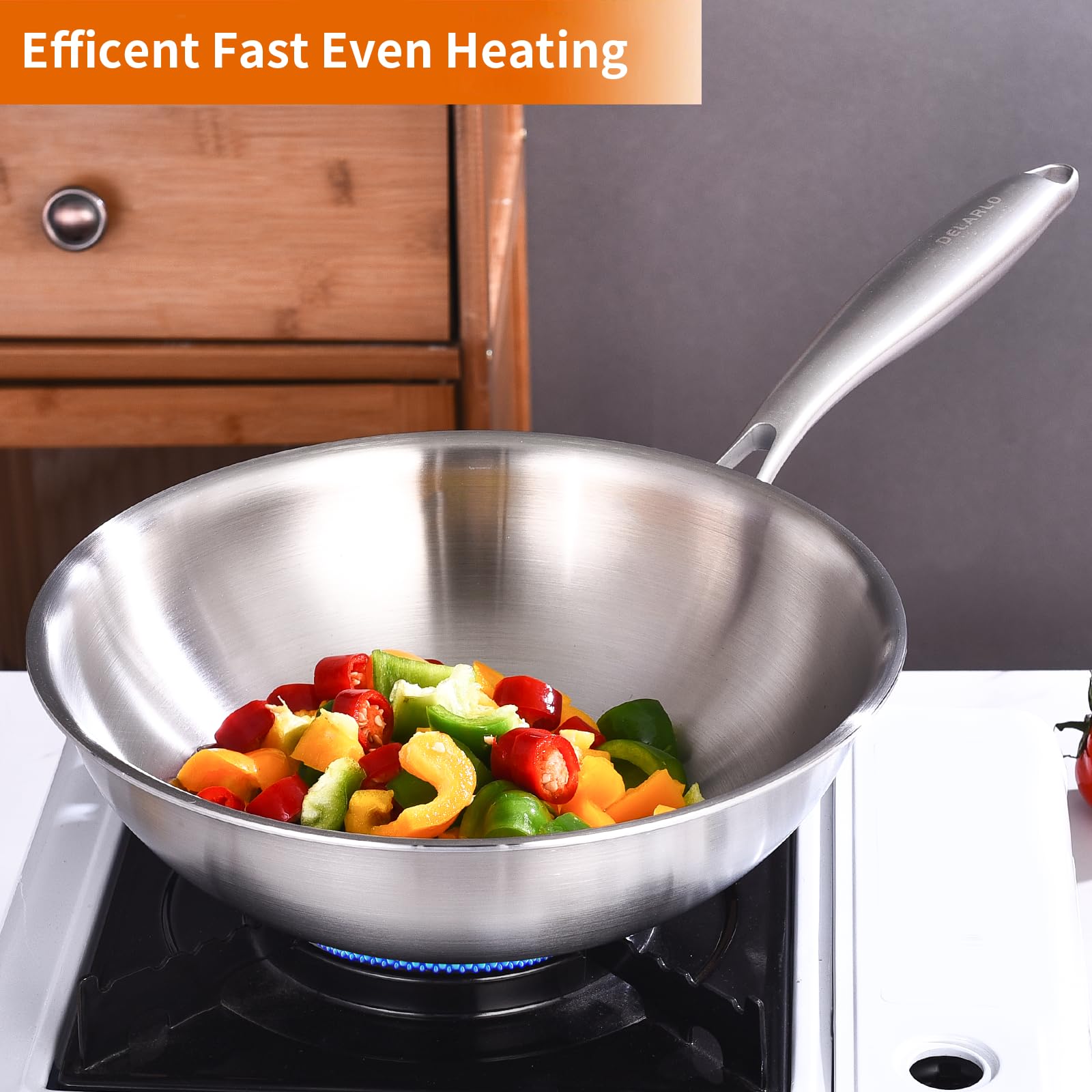 DELARLO 12.5 Inch Tri-Ply Stainless Steel Wok Pan - Induction Compatible Flat Bottom Stir Fry Pan with Glass Lid - Wide & Deep Cooking Surface for Gas, Electric & Glass Top Stoves (Up to 600°F) - Perfect for Asian Stir Fry, Sautéing, Deep Frying & Family Meals