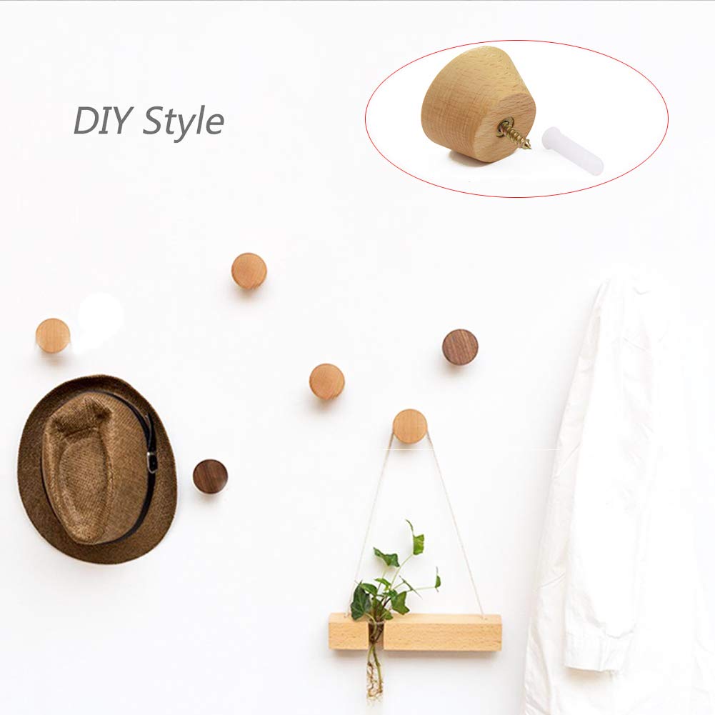 Natural Wooden Coat Hooks - 5 Pack Round Wall Mounted Hangers for Clothes, Scarves, Hats & Bags (2 Large + 3 Small) - Space Saving Entryway, Bedroom & Bathroom Organization & Decoration