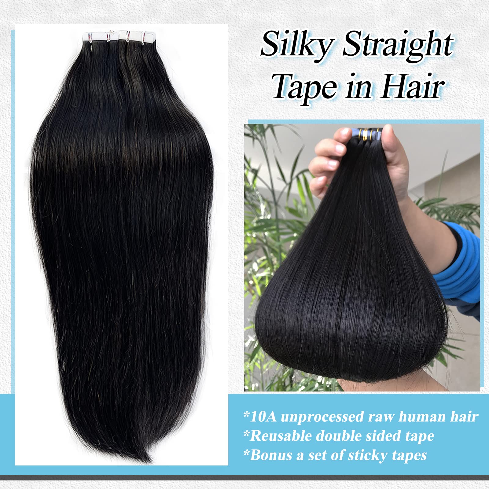 18” Straight Human Hair Tape-In Extensions for Black Women - 20 Pieces Invisible Tape-In Tracks (Natural Black) | Perfect for Styling, Volume Boost & Everyday Wear