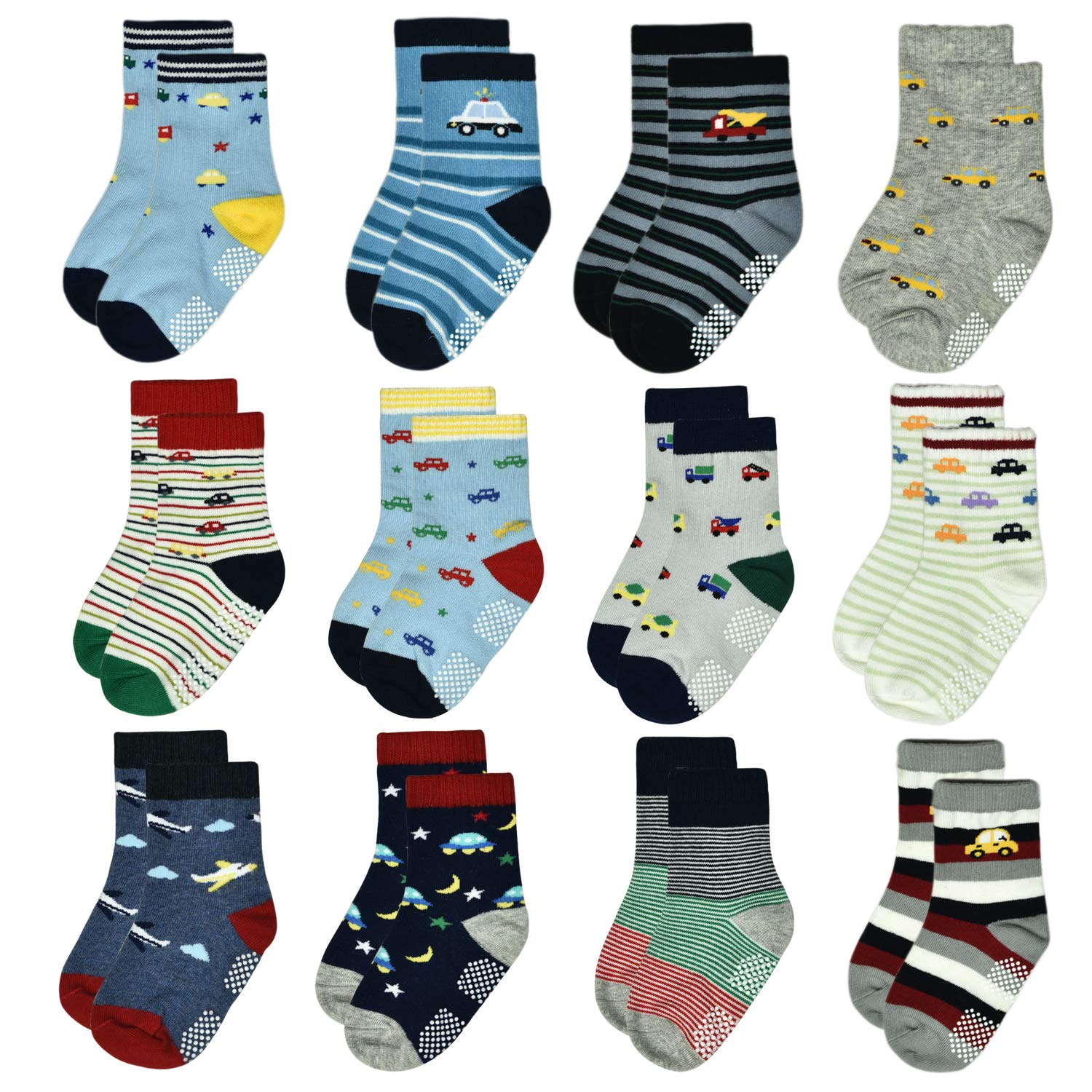 12 Pairs Non-Slip Toddler Socks with Grips - Cotton Anti-Skid Ankle Crew Socks for Boys & Girls (1-7 Years) - Perfect for Playtime, Daycare & Indoor Activities