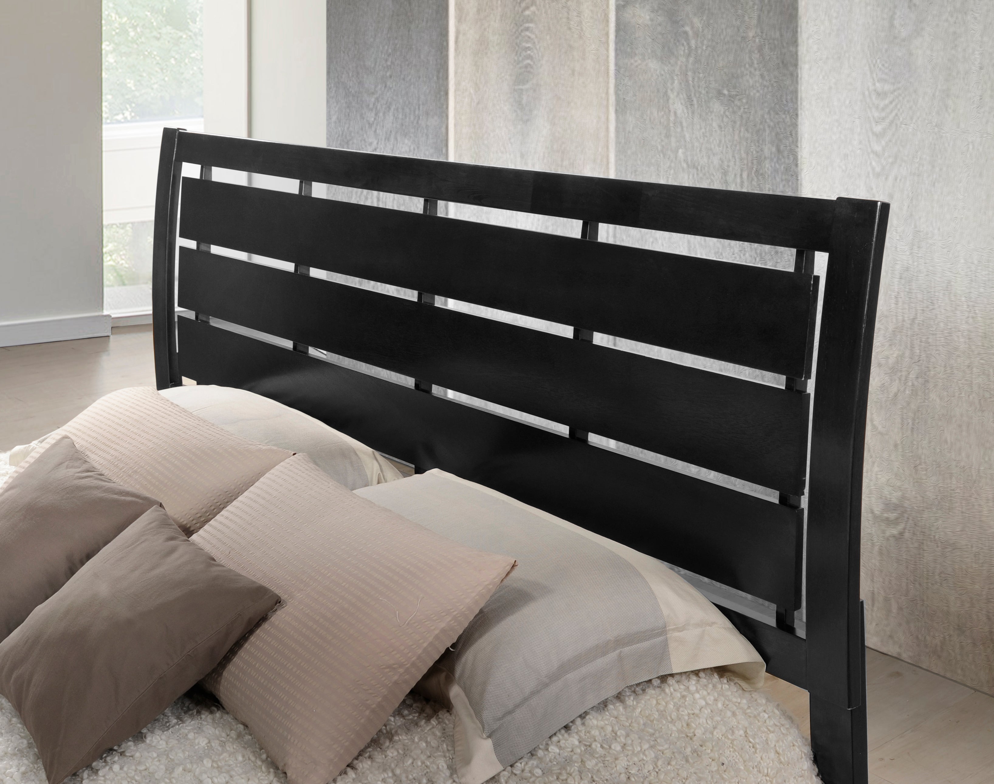 Ecrille Panel Bed with Slatted Headboard - Queen Size Black Wooden Bed Frame for Modern Bedroom | Perfect for Master Bedroom, Guest Room & Apartment