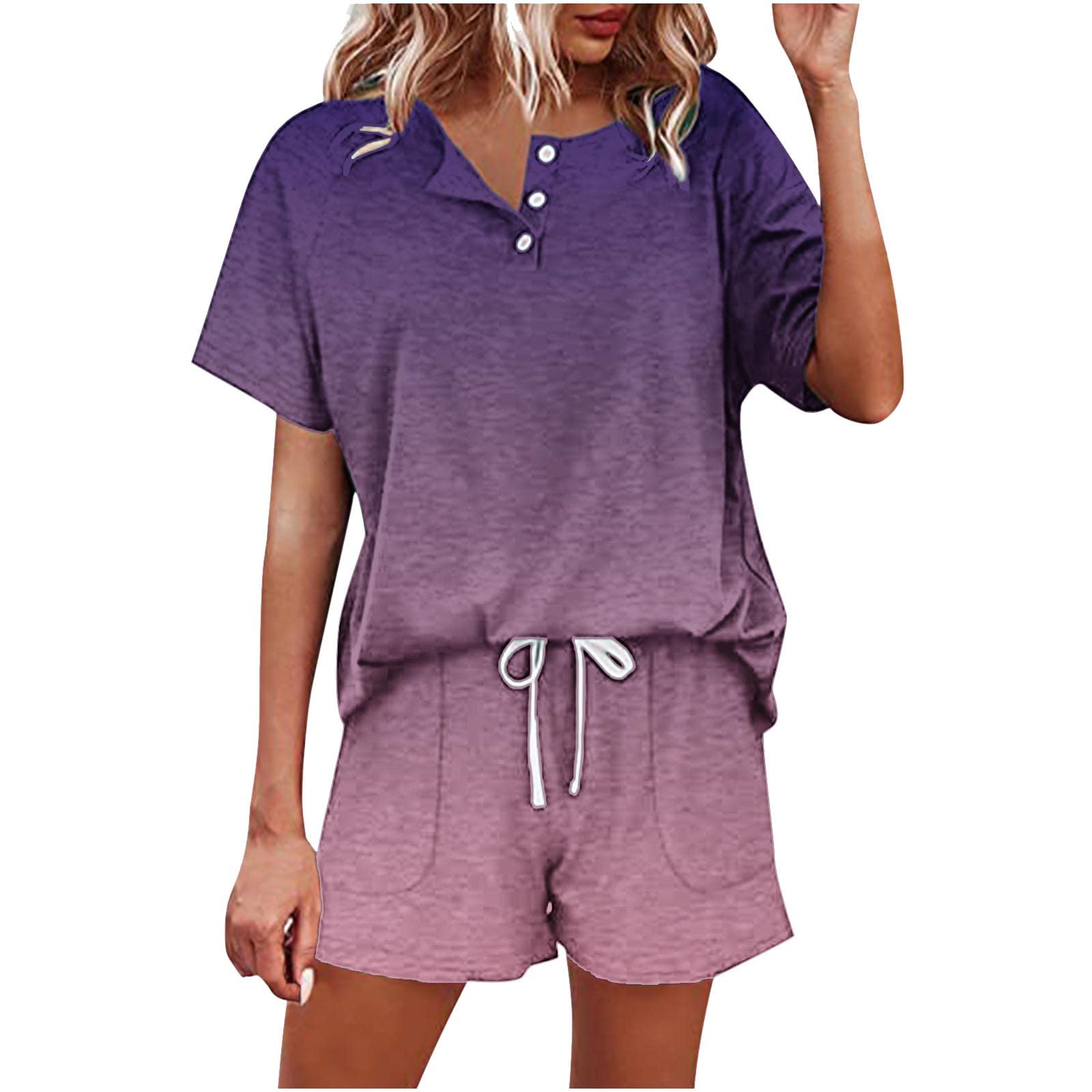 Women's 2-Piece Short Sleeve Sweatsuit Set with Pockets - Comfortable T-Shirt & Drawstring Shorts for Workout, Yoga, Lounge & Casual Wear