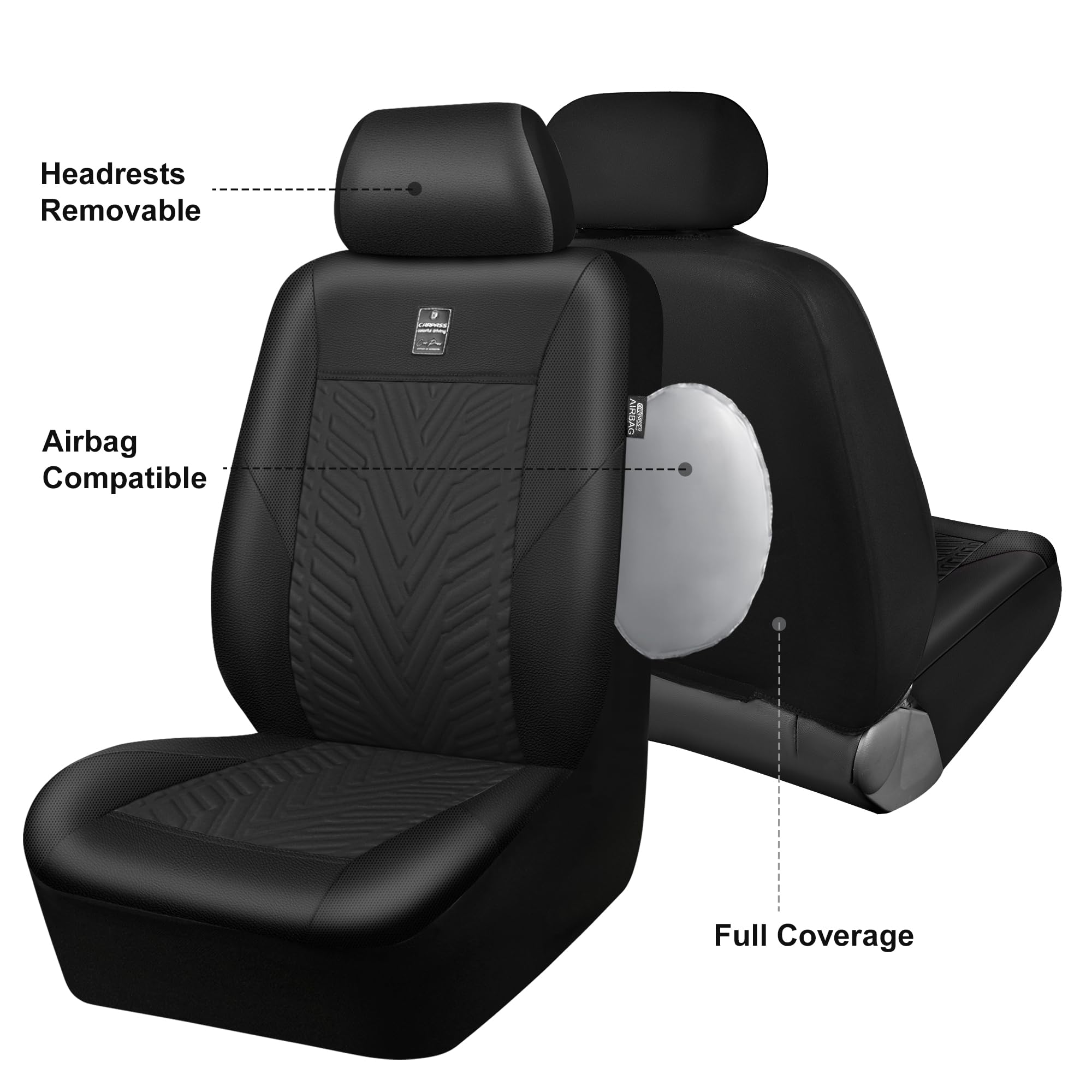 Premium CAR PASS Deluxe Faux Leather Car Seat Covers - Universal Fit for SUV & Truck (2 Front Seats) | 3D Tire Embossed Waterproof Design | Airbag Compatible & Durable | Perfect for Commuting, Road Trips & Daily Driving (Black)