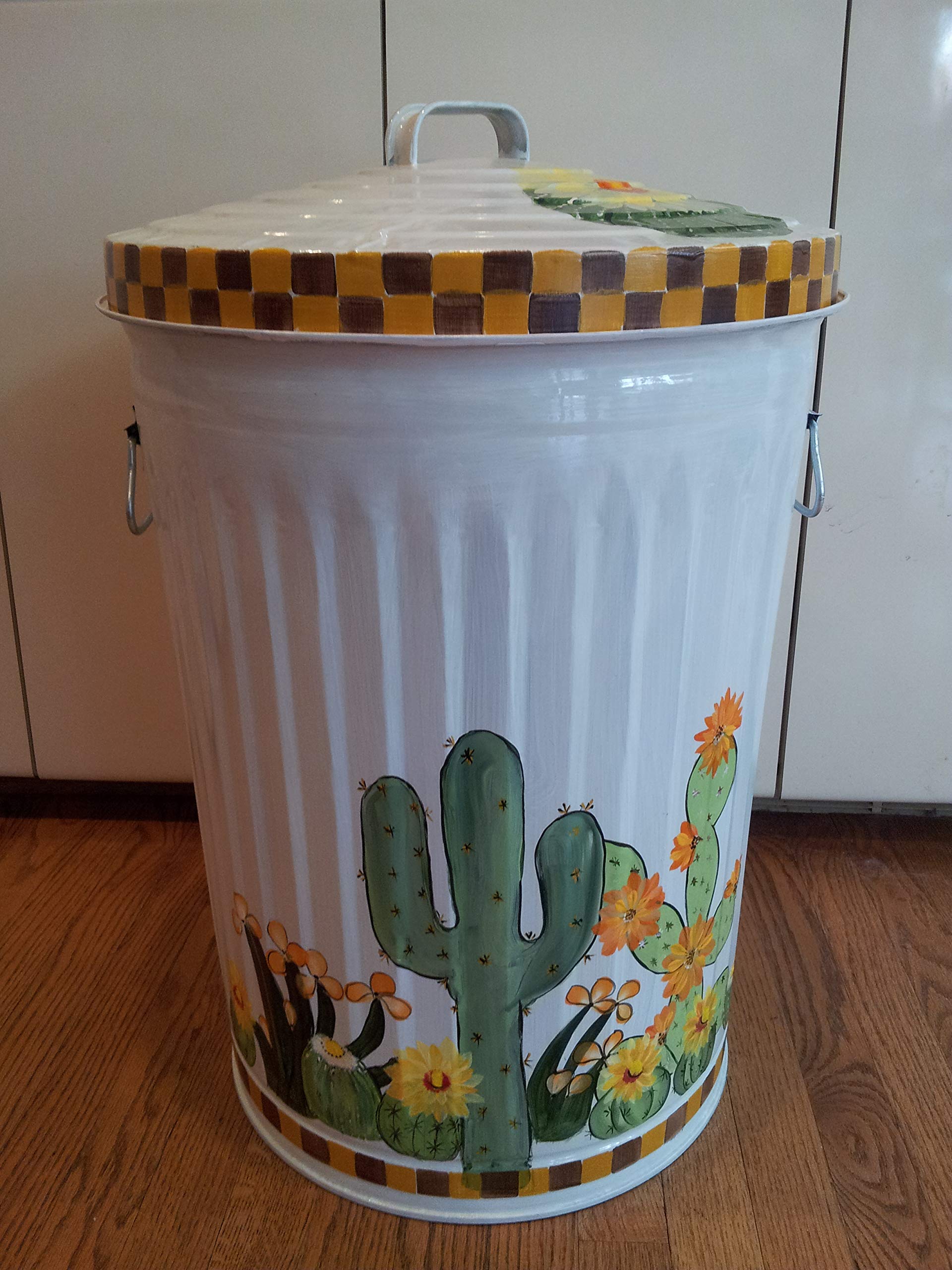20 Gallon Hand Painted Galvanized Steel Trash Can with Lid - Durable Outdoor Garbage Bin for Patio, Garden, and Home Use
