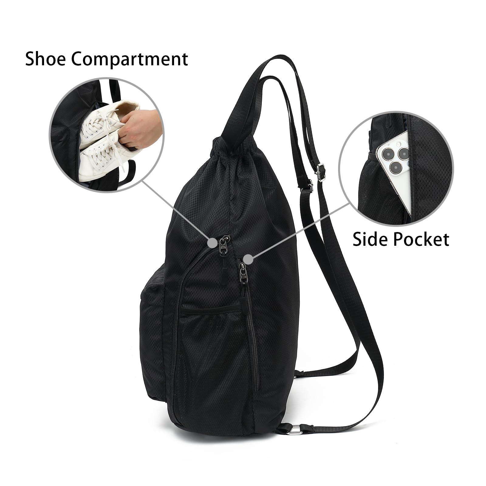 Fitness Drawstring Backpack with Shoe Compartment for Gym & Travel - Black