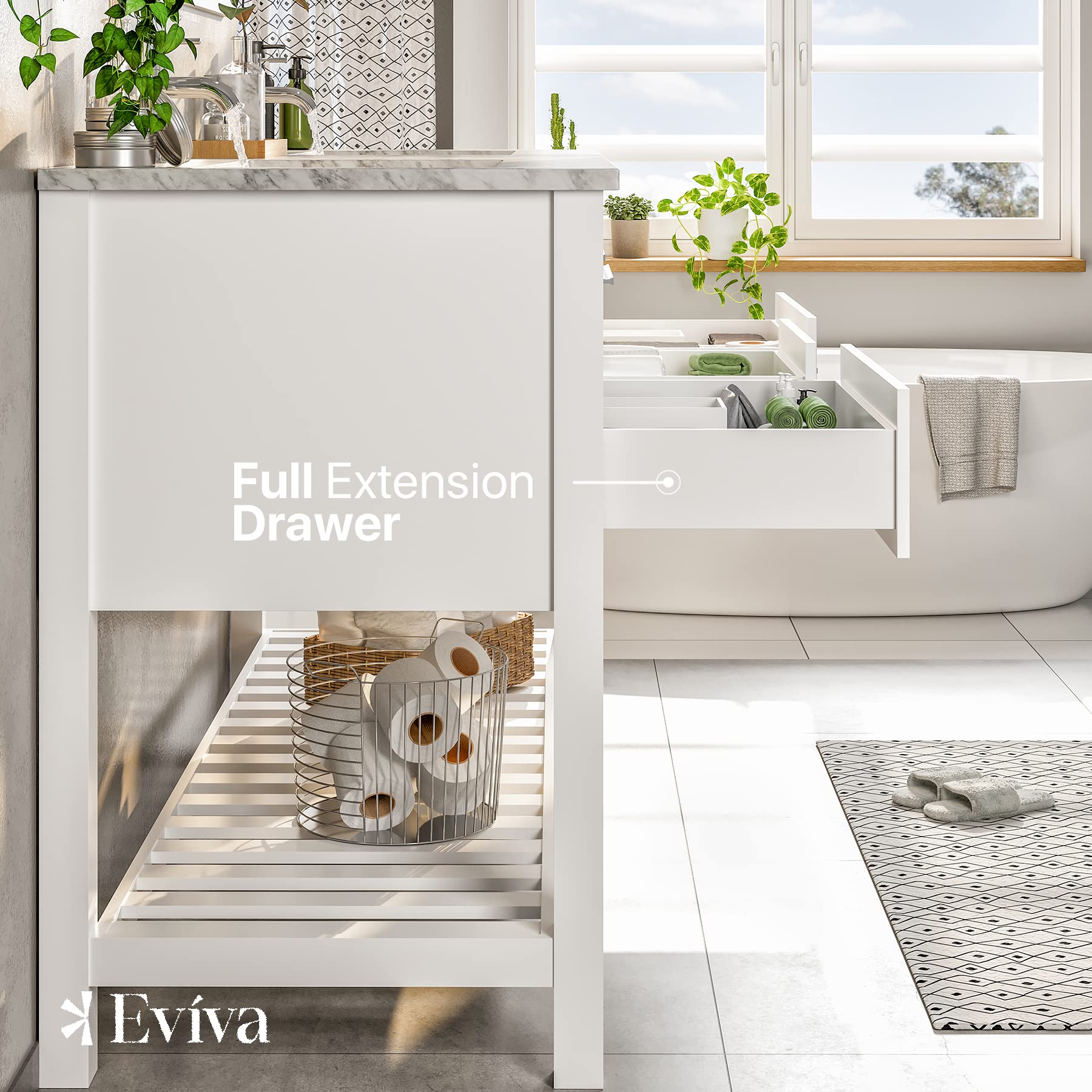 Eviva 60 Inch Modern Bathroom Vanity Set with Porcelain Sink & Marble Top - Double Sink Vanity Cabinet with Sturdy Legs - Perfect for Master Bathroom, Guest Bath or Powder Room Renovation