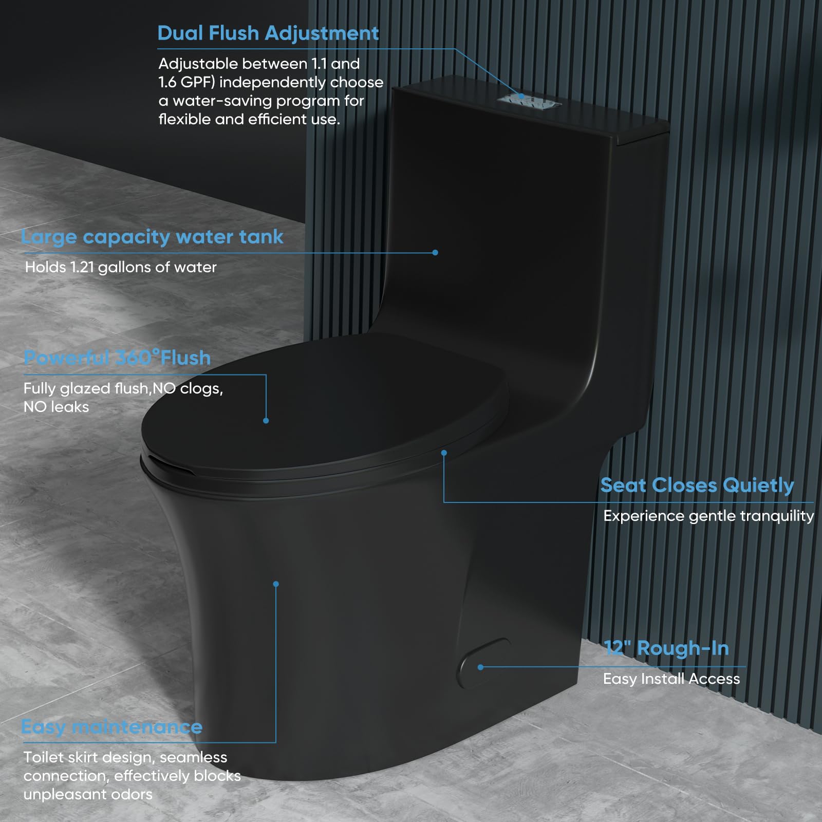 WIIS' IDEA One Piece Dual Flush Toilet - 1.6/1.0 GPF Water Saving, 15.1