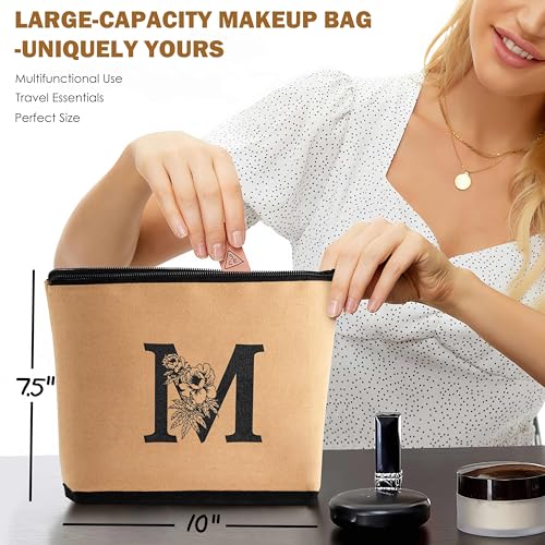 Personalized Monogram Canvas Beach Tote Bag with Matching Makeup Pouch & Sun Hat - Women's Summer Travel Essentials, Trendy Teen Girl Gift (Size M) - Perfect for Beach Vacations, Pool Parties & Weekend Getaways