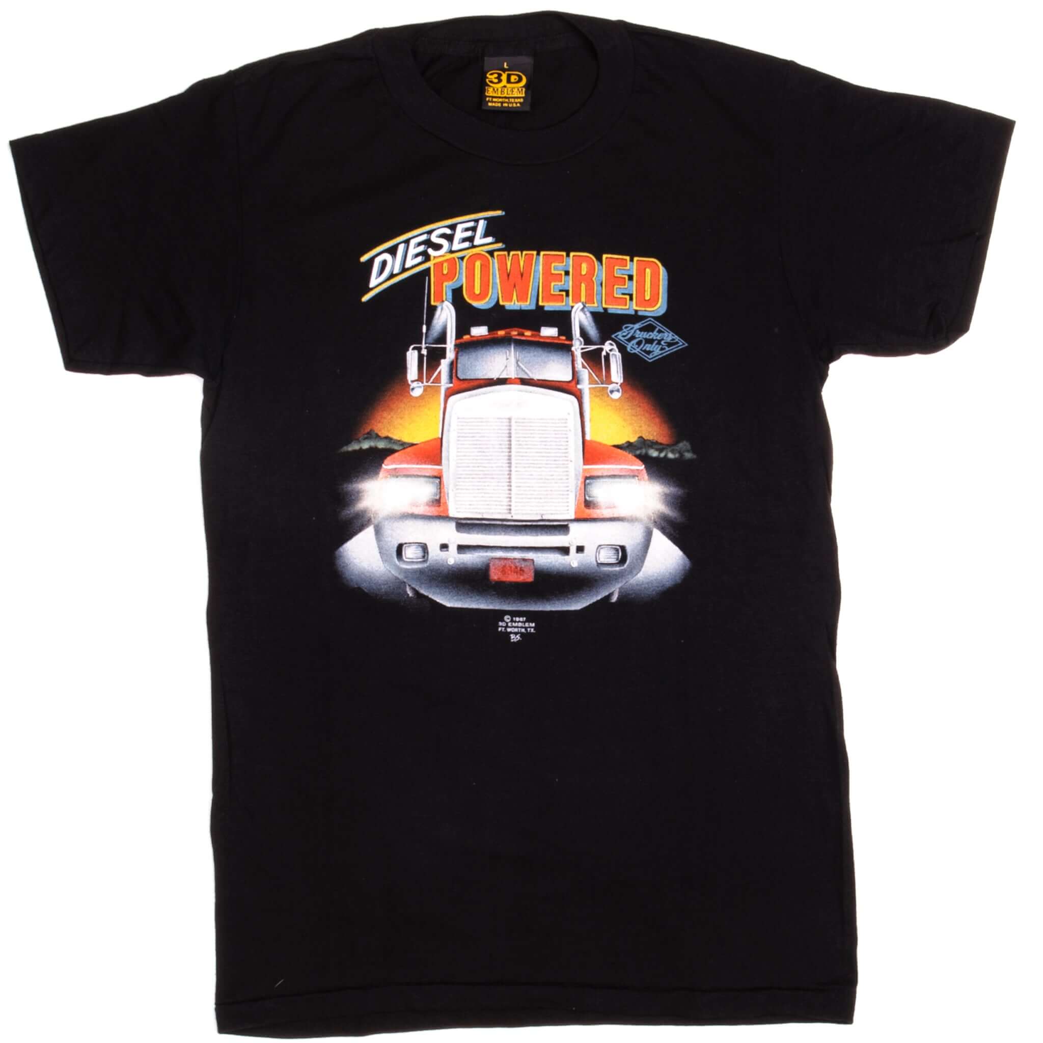 Vintage 3D Emblem Trucker T-Shirt 1987 Retro Graphic Tee - Small Size 100% Cotton Made in USA - Perfect for Motorcycle Riders & Vintage Fashion Lovers