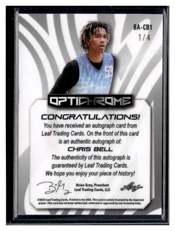 2022 Leaf Optichrome Basketball Chris Bell Autographed Card #BA CB1 /4 - Rare Collectible for Sports Memorabilia Fans & Card Investors