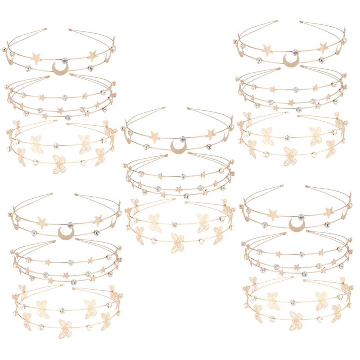 POPETPOP 15 Pcs Star Moon Headband - Rhinestone Bridal Hair Hoops, Double Row Metal Headbands for Women & Girls - Perfect for Weddings, Prom, Cosplay & Special Occasions