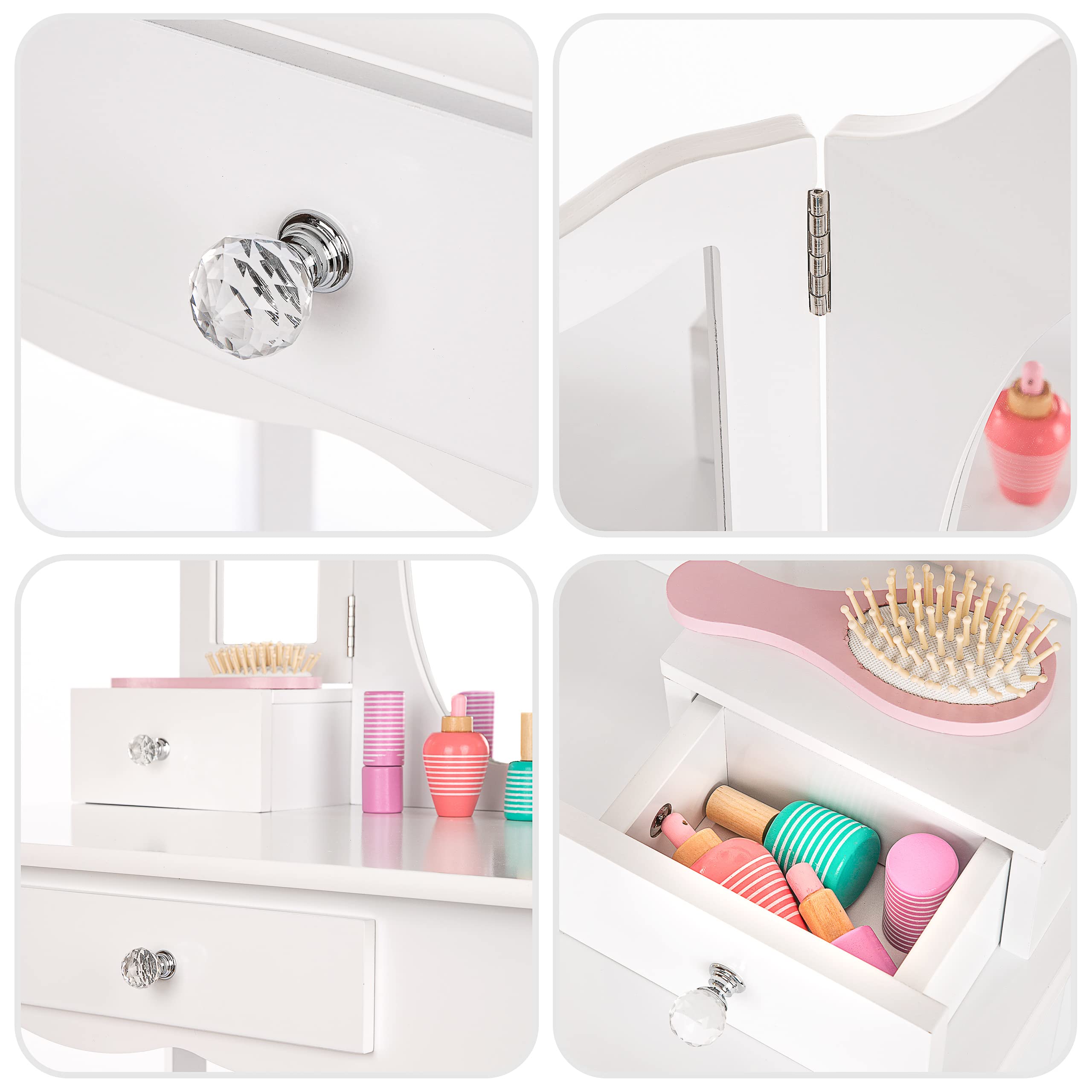 Wooden Kids Vanity Set with Mirror & Accessories - White Makeup Dresser Table with Drawers - Educational Toy for Girls Ages 3-6 Years (GS3302) - Perfect for Pretend Play, Birthday Gifts & Bedroom Decor