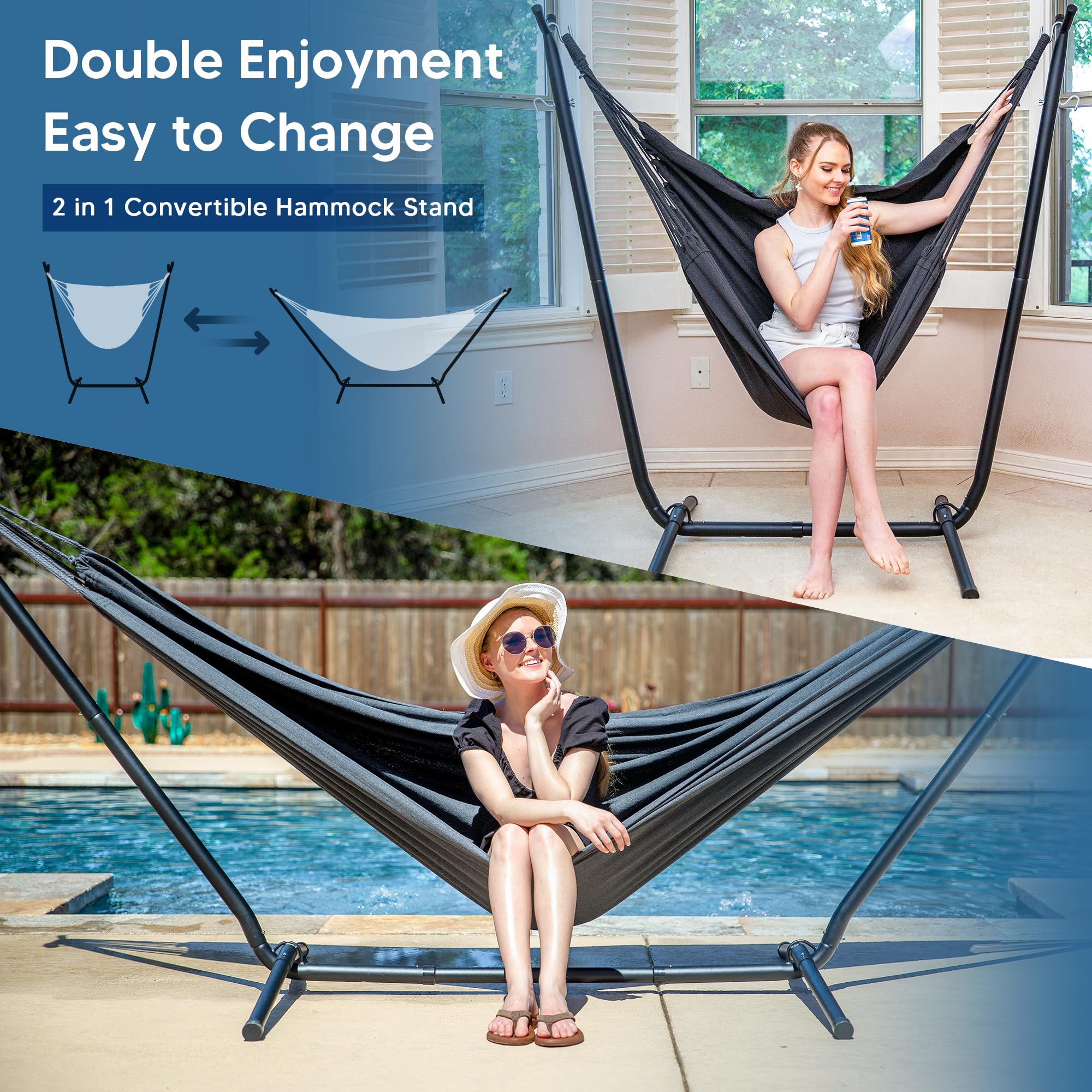 SUNCREAT 2-in-1 Convertible Portable Double Hammock with Stand - Outdoor Patio, Backyard, Camping & Beach Relaxation - Dark Grey (Patent Pending)