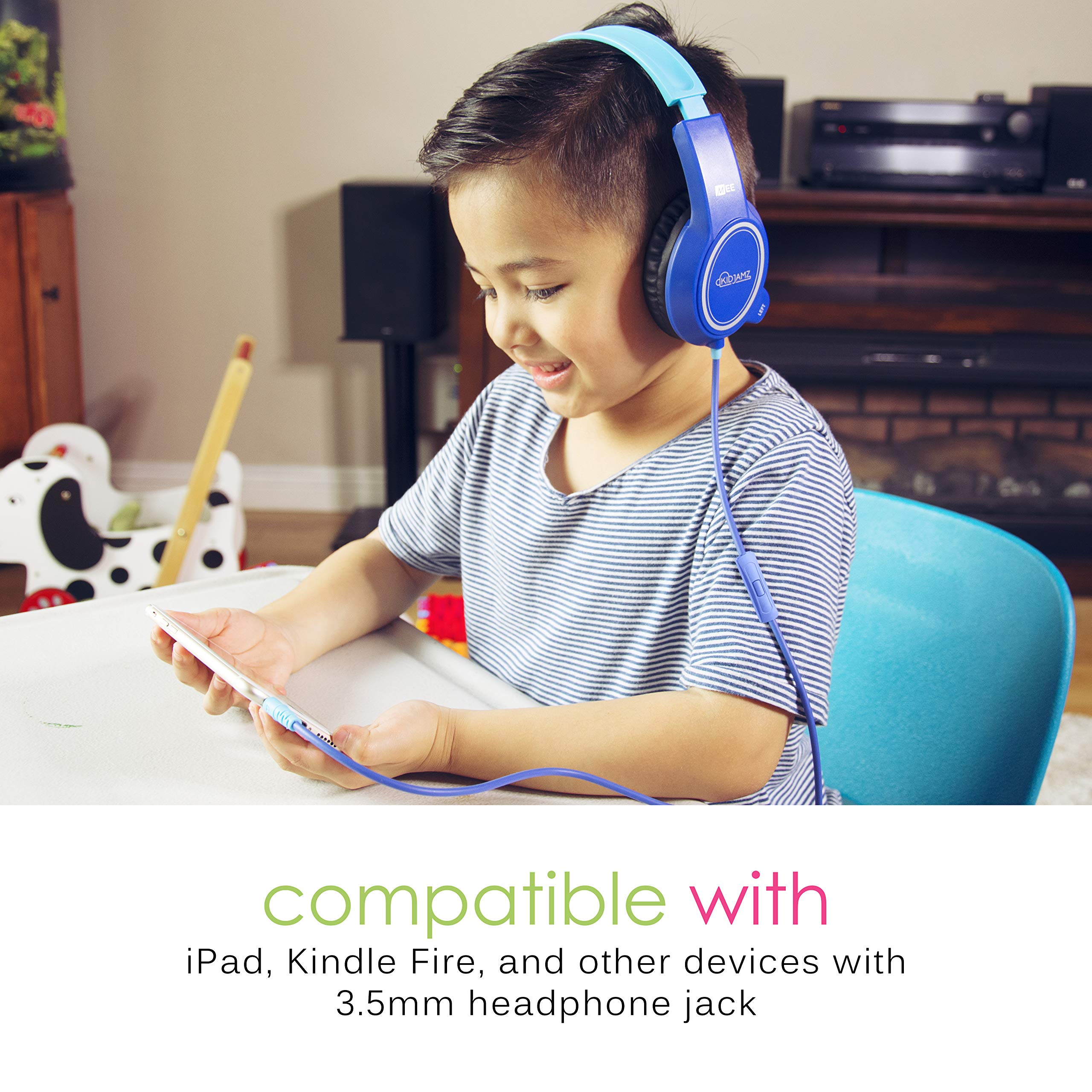 MEE audio KidJamz 3 Kids Safe Volume Limited Headphones with Built-in Mic - Adjustable On-Ear Headset with 3.5mm Jack & Tangle-Free Cord for Online Learning, School, Travel, Tablet - Perfect for Distance Education, Homeschooling, and Airplane Entertainment