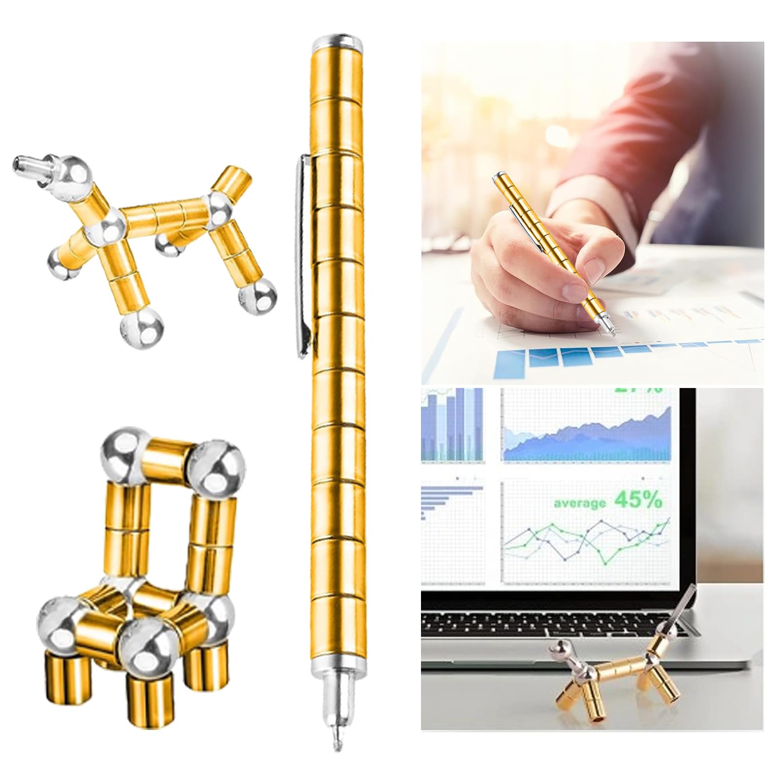 Magnetic Fidget Pen - Stress Relief & Decompression Toy for Kids & Adults | Fun Office Desk Gadget, Anxiety Relief Gift for Friends | Perfect for ADHD Focus, Classroom & Work Breaks (Big Golden)