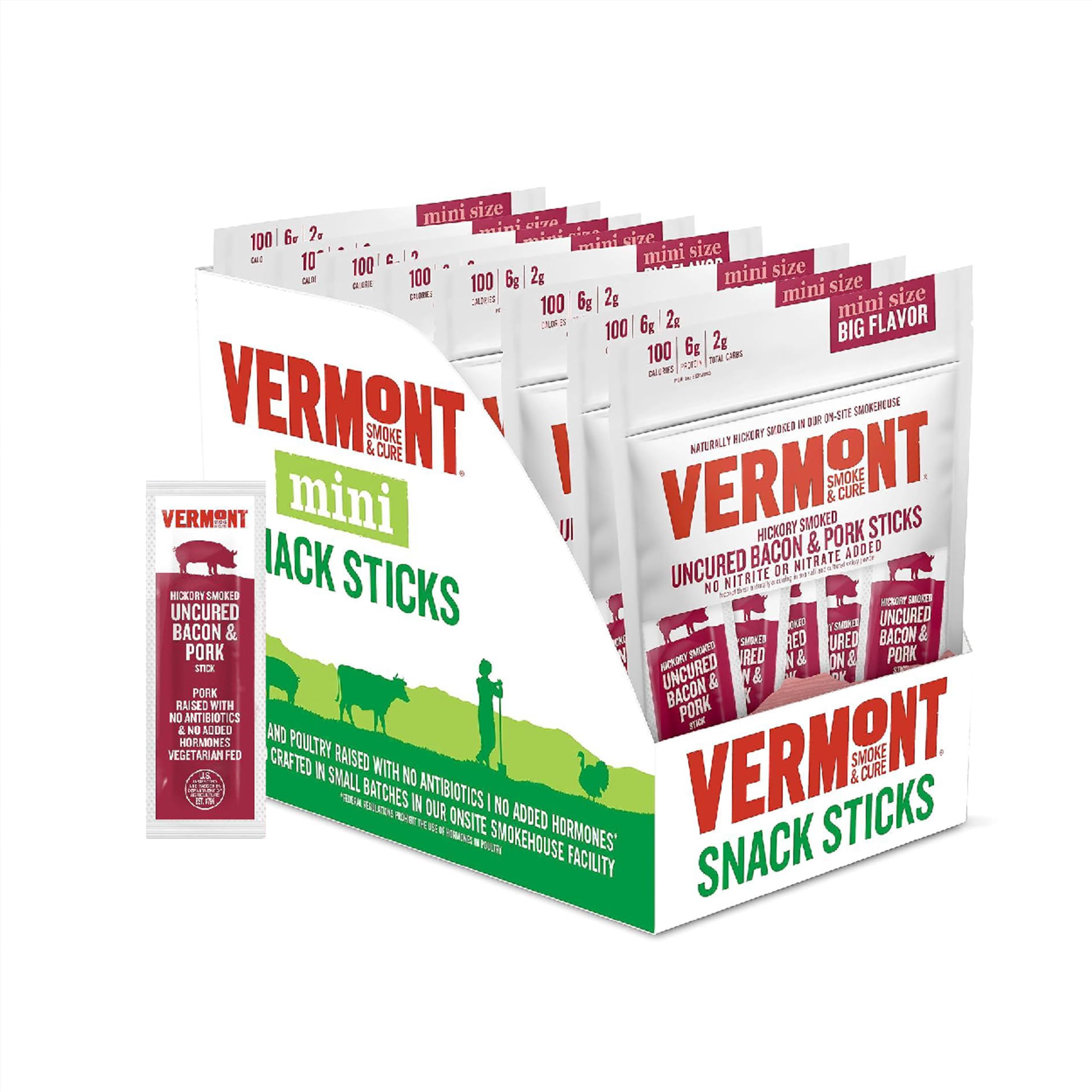 Vermont Smoke & Cure Hickory-Smoked Uncured Pork Bacon Sticks - High Protein Snack, No Antibiotics or Hormones, 0.5 oz (48 Count) - Perfect for Hiking, Camping & On-the-Go Snacking