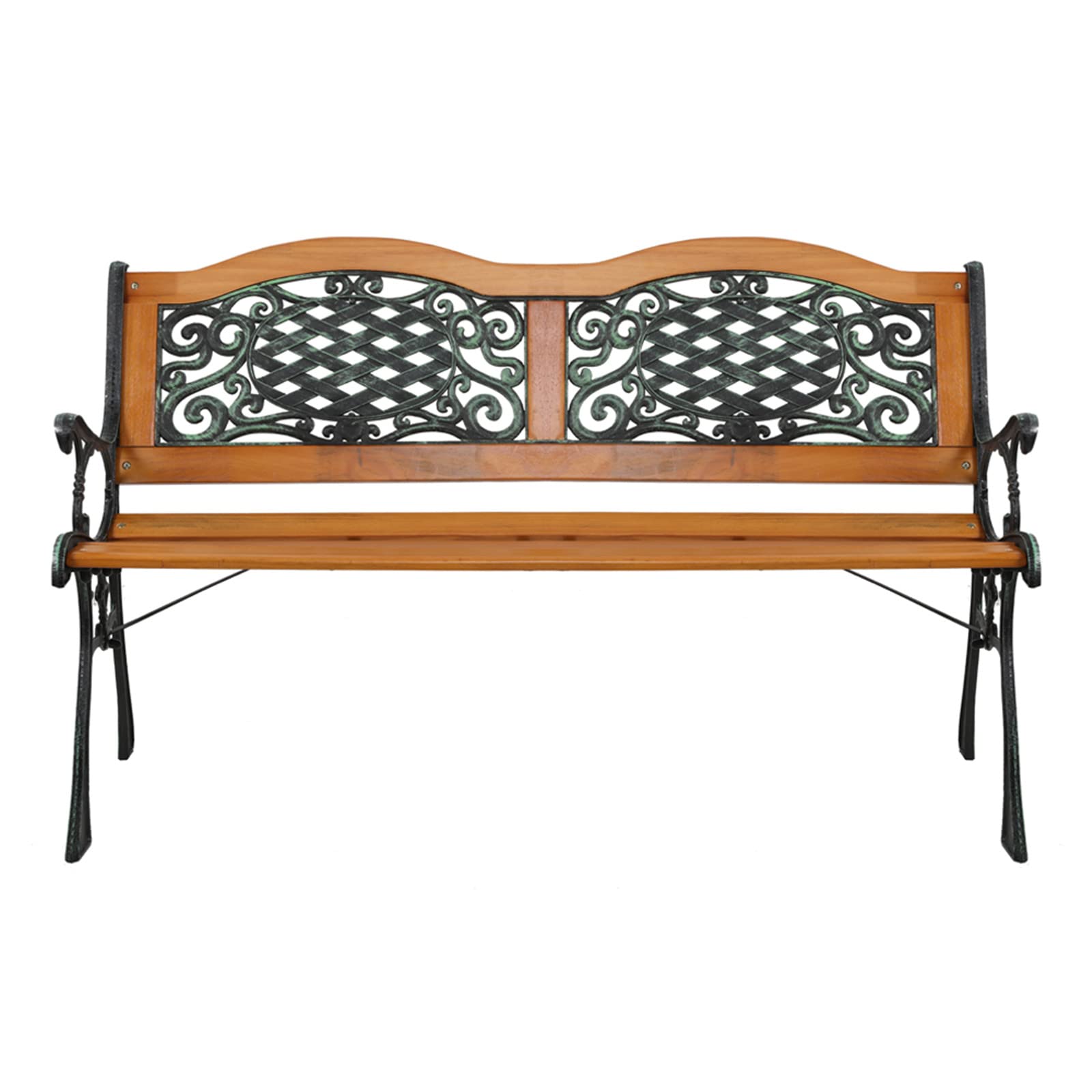 49 Inch Hardwood Garden Bench with Cast Iron Frame - Outdoor Patio, Park, Lawn & Deck Furniture for Relaxing in Gardens, Terraces & Backyards