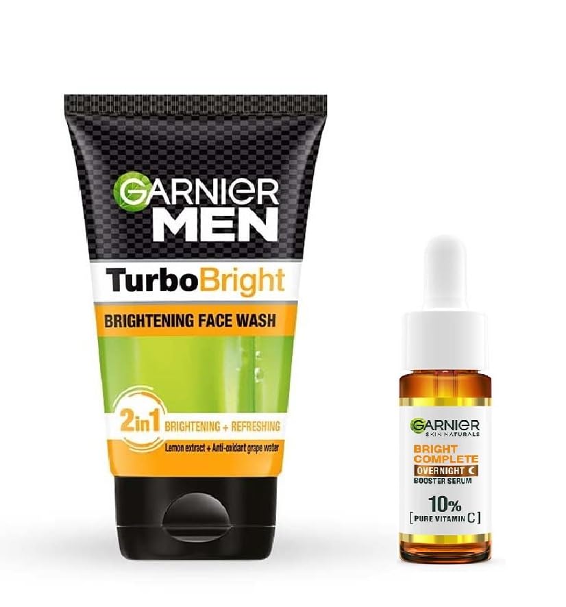 Garnier Men Turbo Bright Face Wash 100g & Bright Complete Overnight Serum 15ml Set - Anti-Aging & Brightening Skincare Kit for Men - Perfect for Nighttime Routine & Dark Spot Reduction