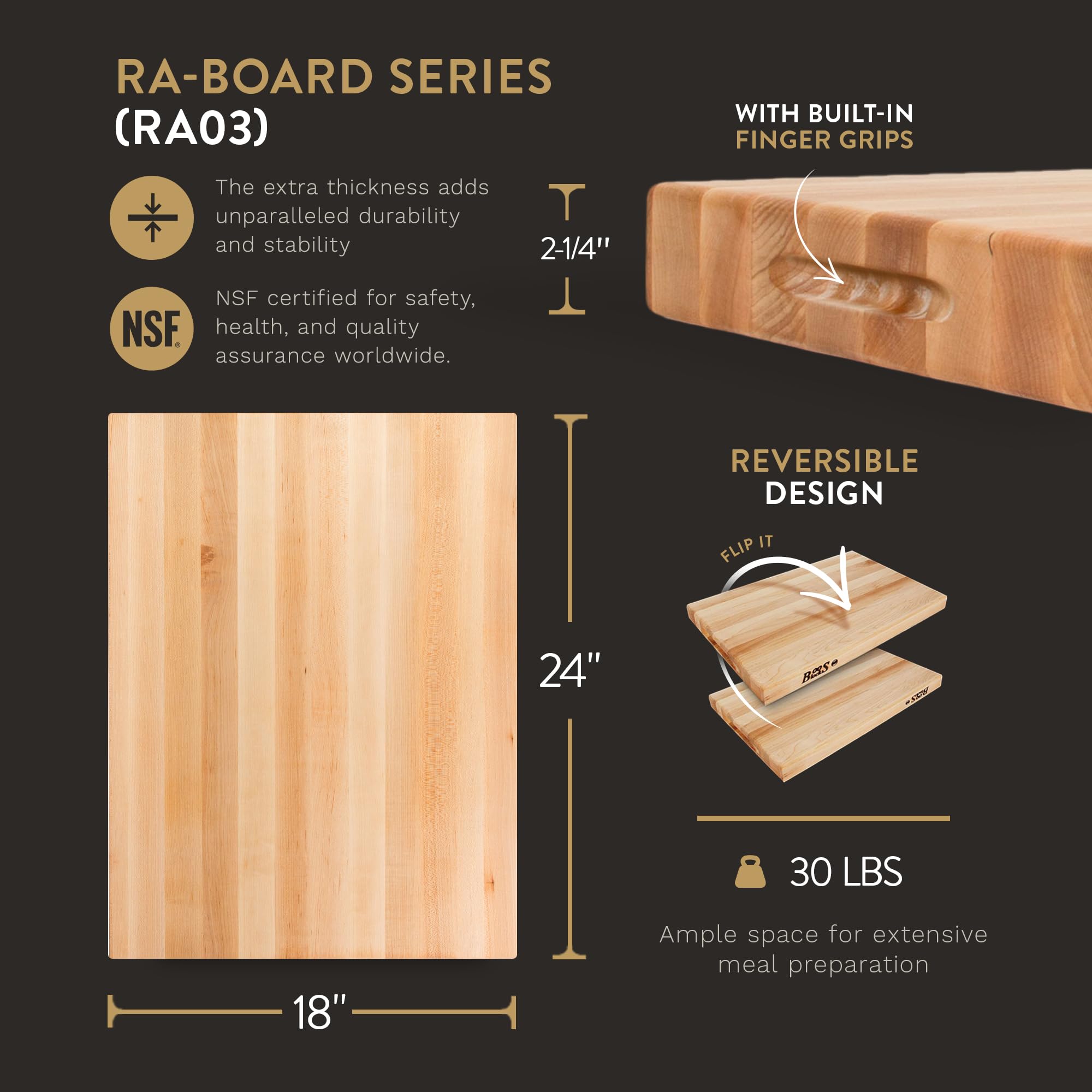 John Boos RA-Board Large Reversible Maple Wood Cutting Board 24x18x2.25 Inches - Premium Kitchen Chopping Board for Meat, Vegetables & Meal Prep - Perfect for Home Chefs & Professional Kitchens