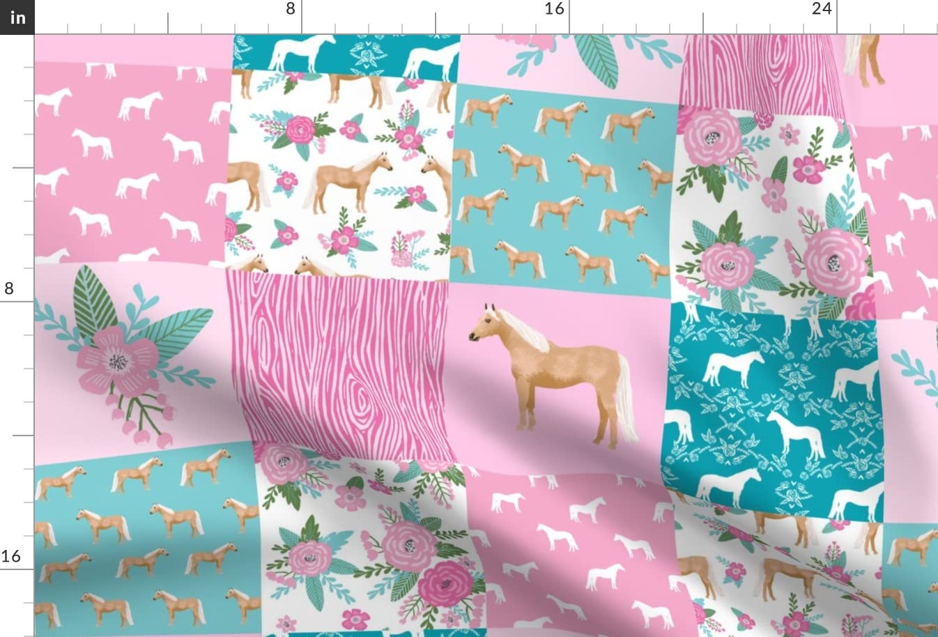 Premium Spoonflower Fabric - Horse Cheater Quilt Palomino Pink Aqua Floral Equestrian Design Printed on Soft Minky Fabric by The Yard - Perfect for Sewing Baby Blankets, Quilt Backing & Plush Projects | DIY Nursery Decor, Equestrian-Themed Bedding & Cozy Home Textiles