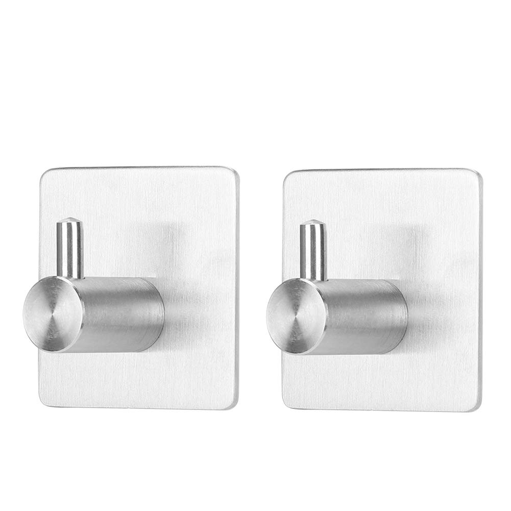 2Pcs Self-Adhesive Hooks - 304 Stainless Steel No Drill Wall Hangers for Towels, Robes & Coats | Heavy Duty Bathroom & Kitchen Organization | Perfect for Hanging in Home, Office or Dorm Room