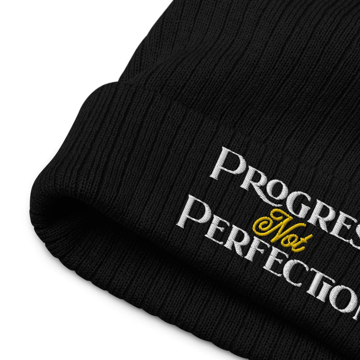 Sustainable 'Progress Not Perfection' Ribbed Knit Beanie - Eco-Friendly Winter Hat for Men & Women - Perfect for Outdoor Activities, Hiking, and Cold Weather Fashion