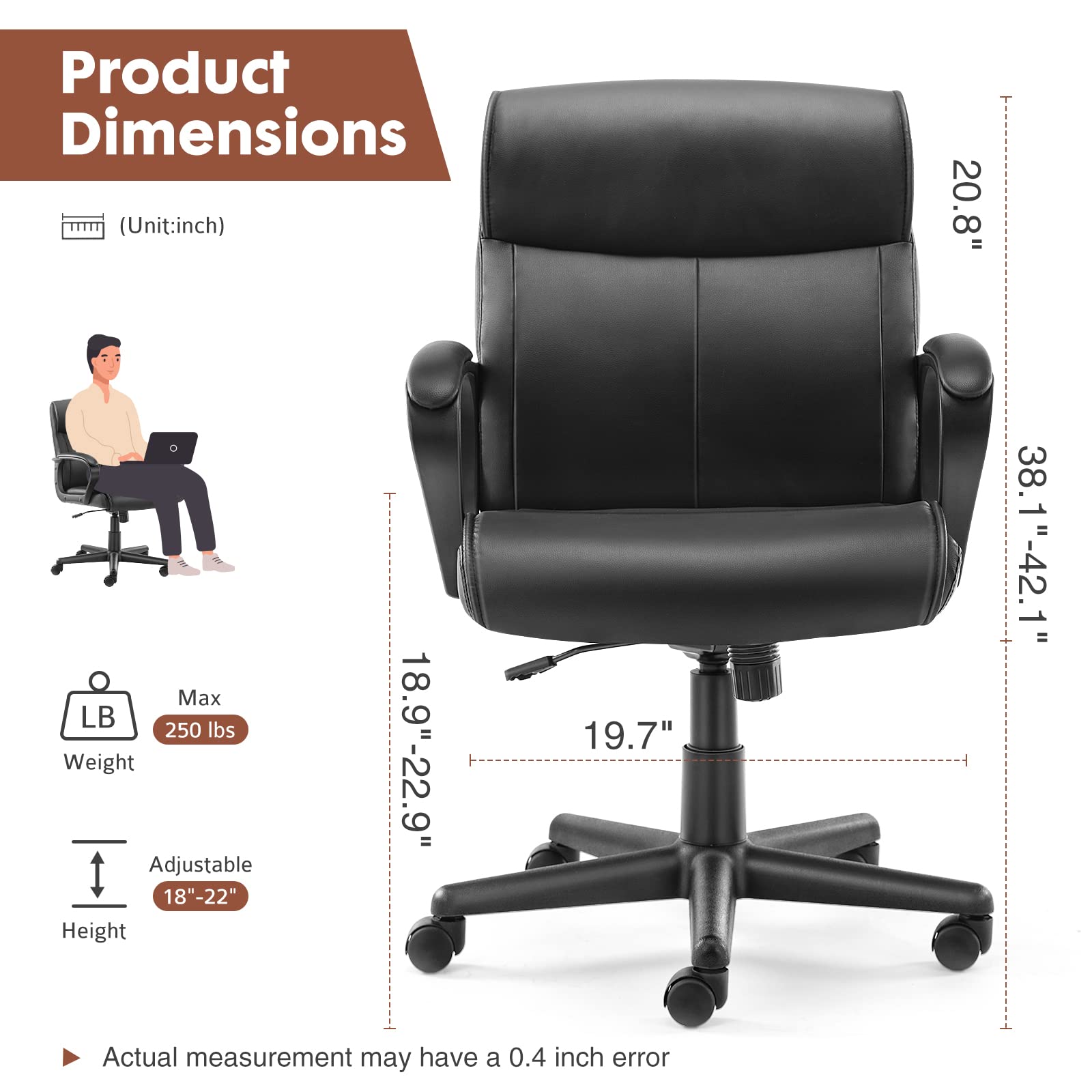 OLIXIS Executive Office Chair - Ergonomic Mid Back Lumbar Support, Adjustable Height & Tilt, PU Leather Swivel Rolling Chair with Padded Armrests - Modern Black for Home Office, Conference Room & Workspace
