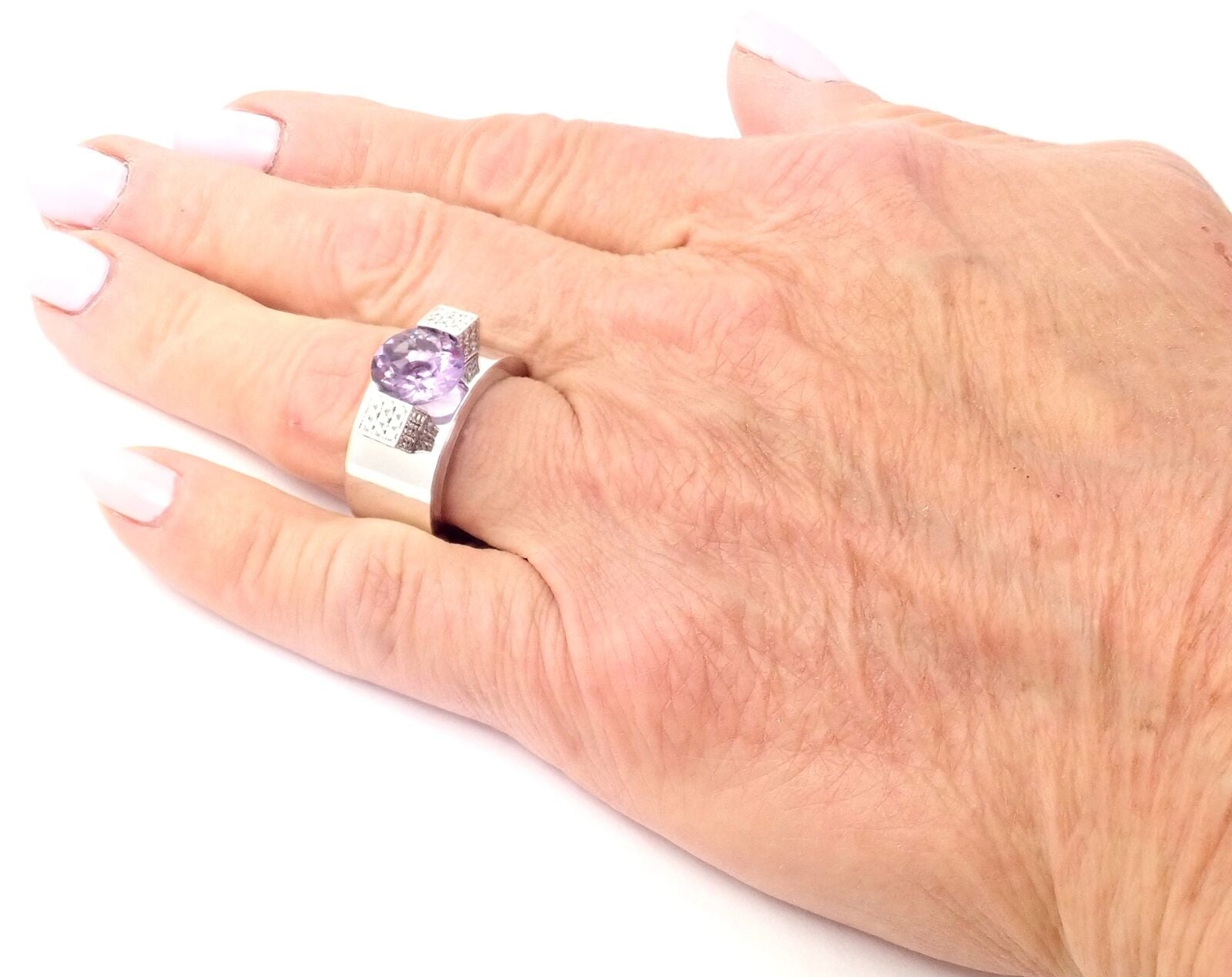 Authentic Chopard 18K White Gold Diamond Amethyst Wide Band Ring for Women - Luxury Wedding, Anniversary & Special Occasion Jewelry Gift