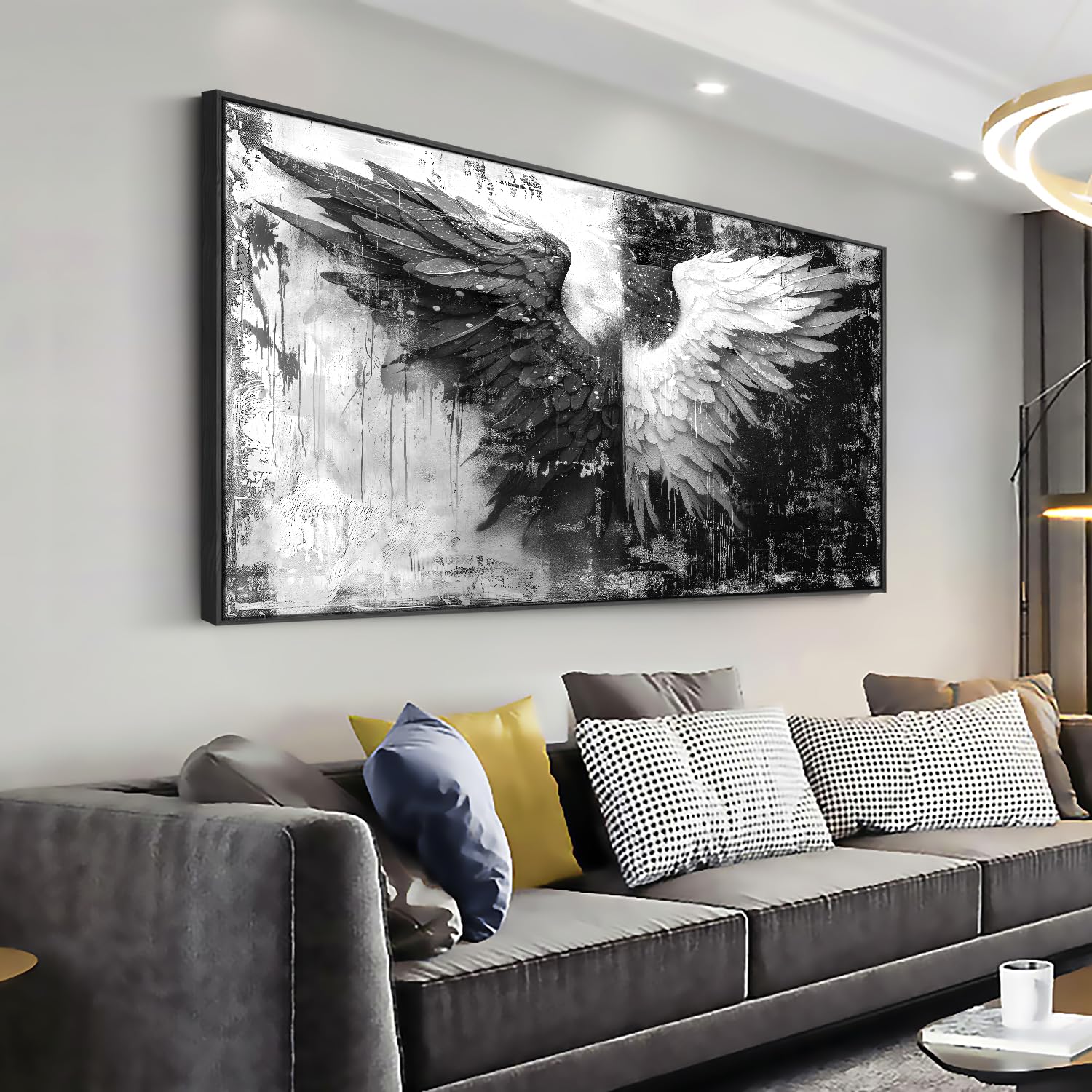 Modern Abstract Black and White Angel Wings Canvas Wall Art - Framed Home Decor for Bedroom, Living Room & Office - Perfect for Contemporary Interior Design & Gift Giving