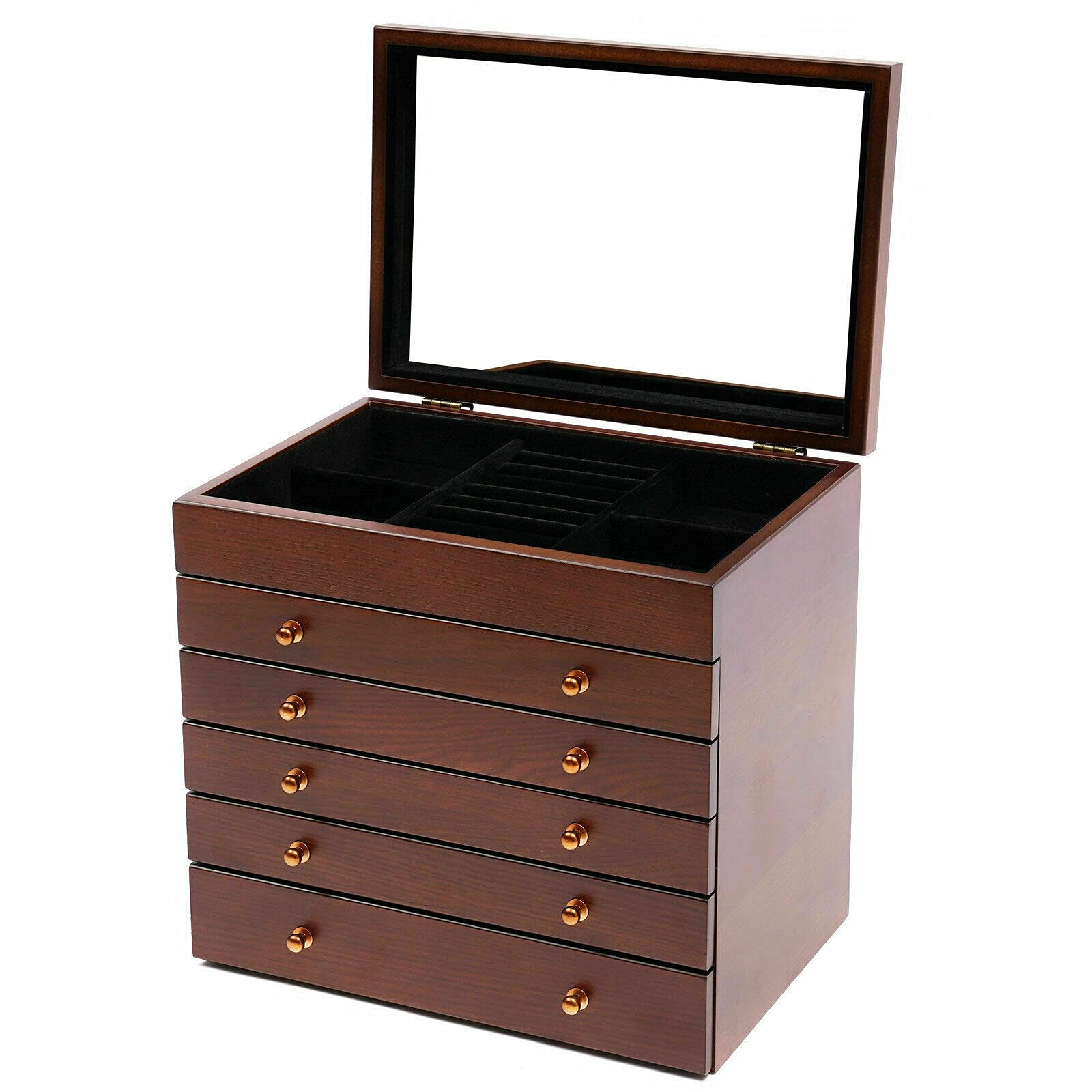 Vintage 6-Layer Wooden Jewelry Organizer Box with Mirror & Velvet Interior - Jewelry Storage Case for Earrings, Necklaces, Watches, Bracelets & Rings - Perfect for Bedroom, Travel & Gift Giving