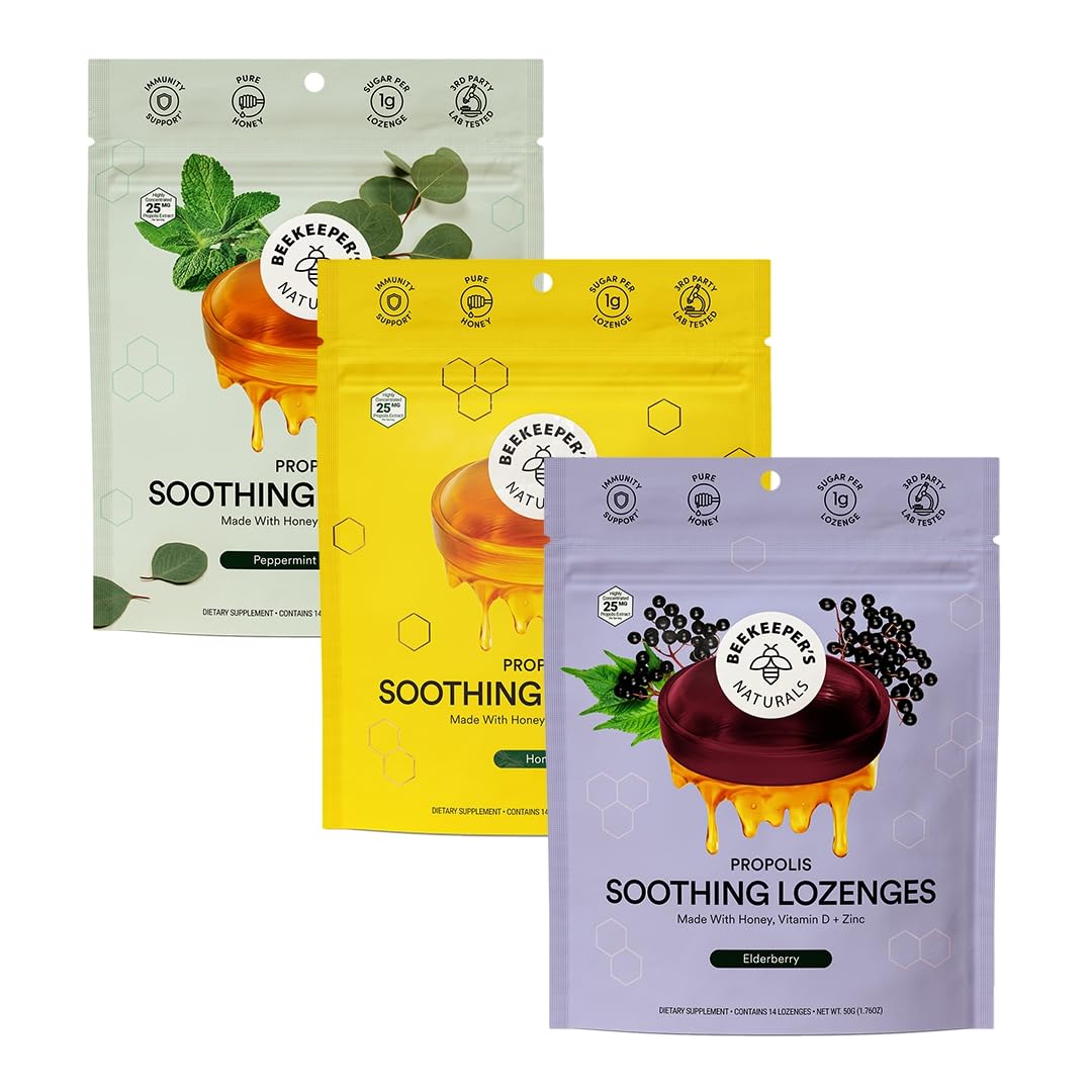 Beekeeper's Honey Cough Drops - 3 Flavors Pack with Zinc & Vitamin D for Sore Throat Relief - Home & Travel Use
