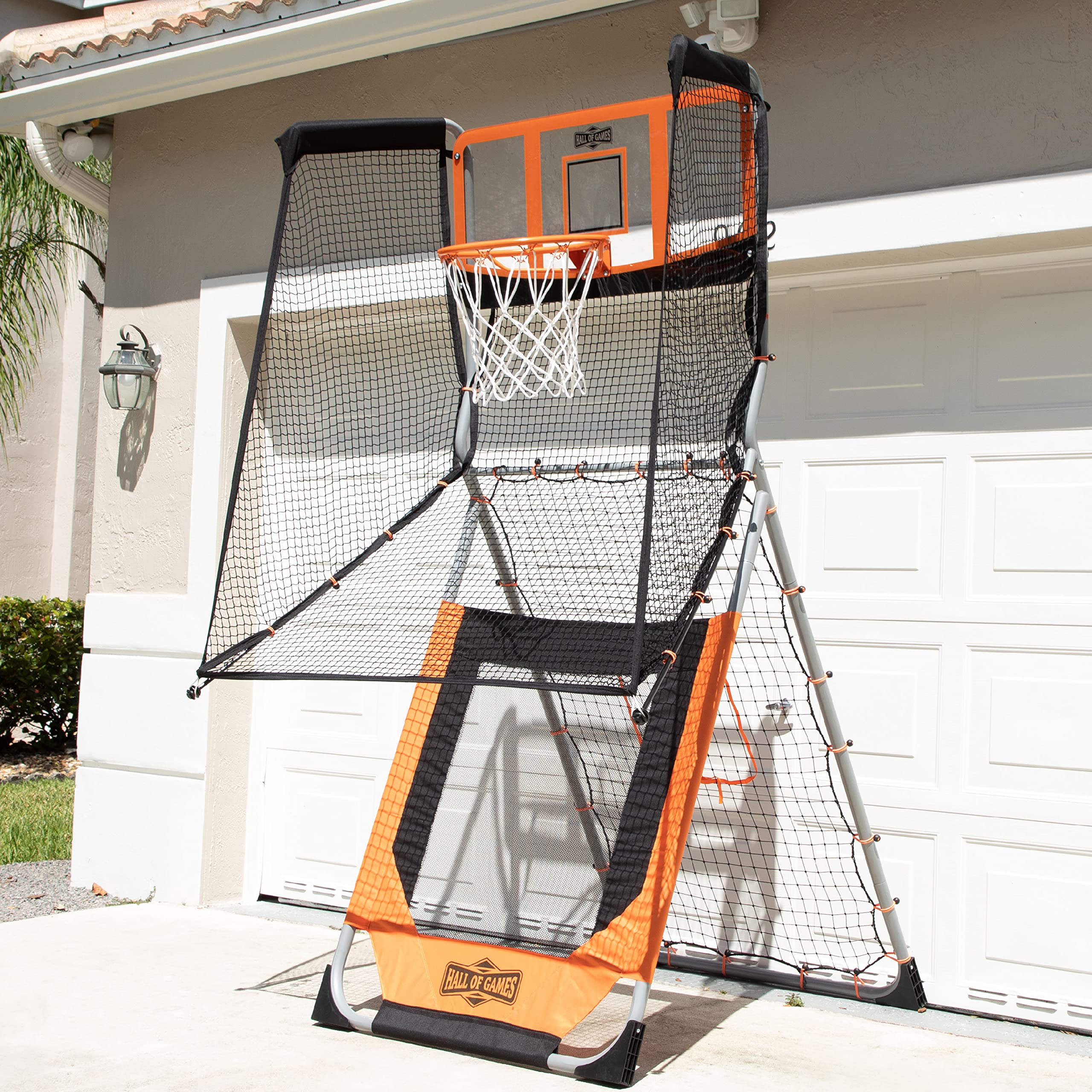 Hall of Games 2-in-1 Basketball & Baseball Rebound Trainer - Orange & Black Pitchback Net for Outdoor Sports Training | Perfect for Backyard Practice, Youth Sports Drills, and Family Fun Activities
