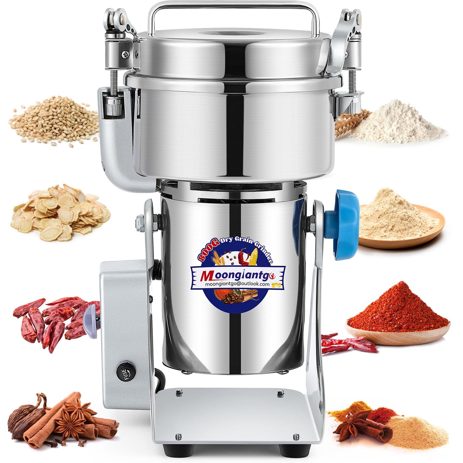 Moongiantgo 800g 2600W High-Speed Electric Grain Grinder - Stainless Steel Dry Spice Mill for Wheat, Corn, Rice, Coffee Beans & Herbs - 110V Commercial & Home Kitchen Use for Baking, Cooking & Meal Prep