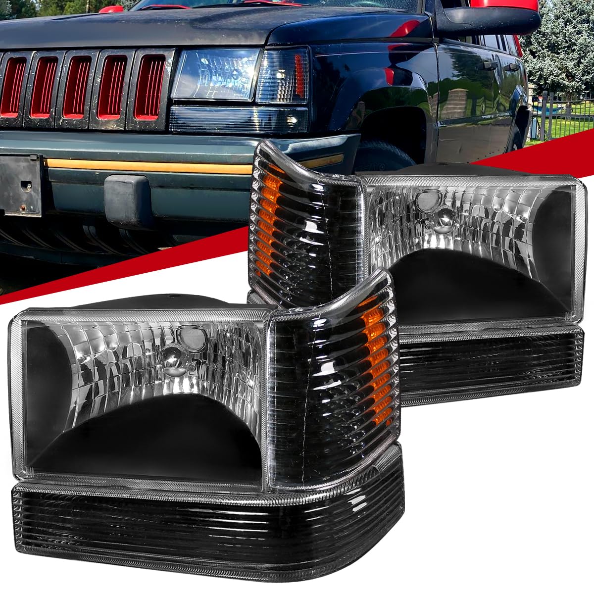 Carpartsinnovate Black Headlights with Bumper Corner Lamps - Pair for 1993-1996 Jeep Grand Cherokee SUV | Replacement Headlight Assembly for Off-Roading & Night Driving