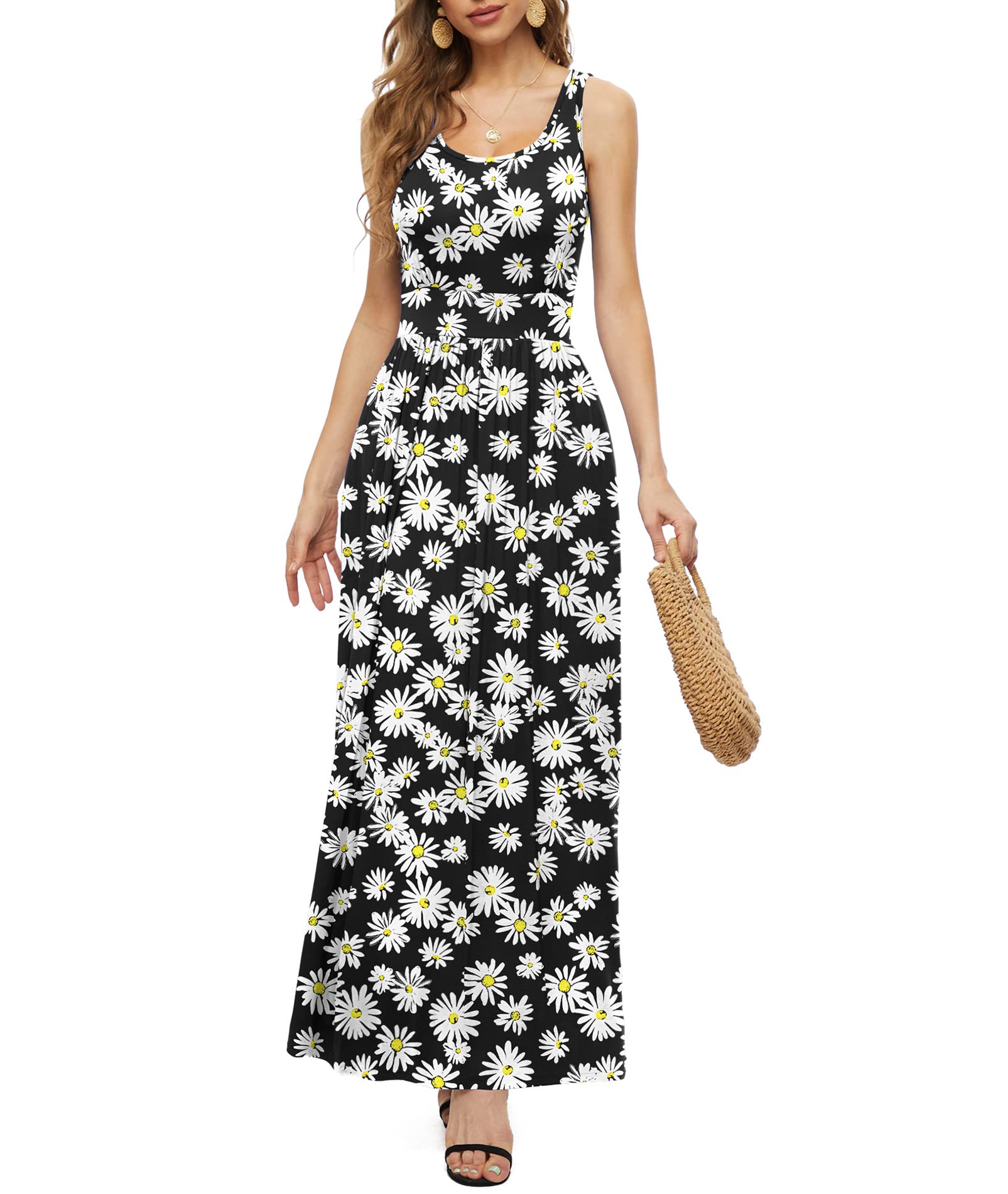 LILBETTER Women's Sleeveless Maxi Dress with Pockets - Flowy Empire Waist Summer Long Dress for Beach, Vacation & Casual Wear